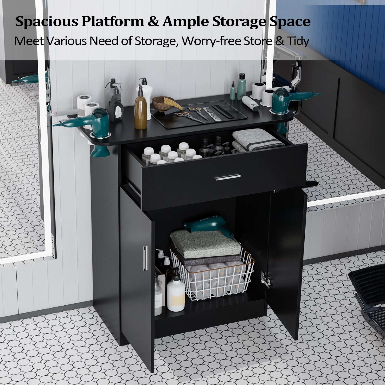 OmySalon HSC-21 Salon Station Cabinet Free Standing Storage Station with 1 Drawers 1 Storage Cabinet 6 Hair Dryer Holders