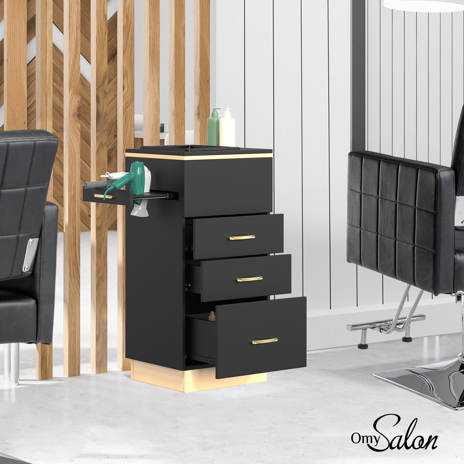 OmySalon HSC-23 Salon Styling Storage Station w/3 Drawers 1 Storage Basin 3 Hair Dryer Holders