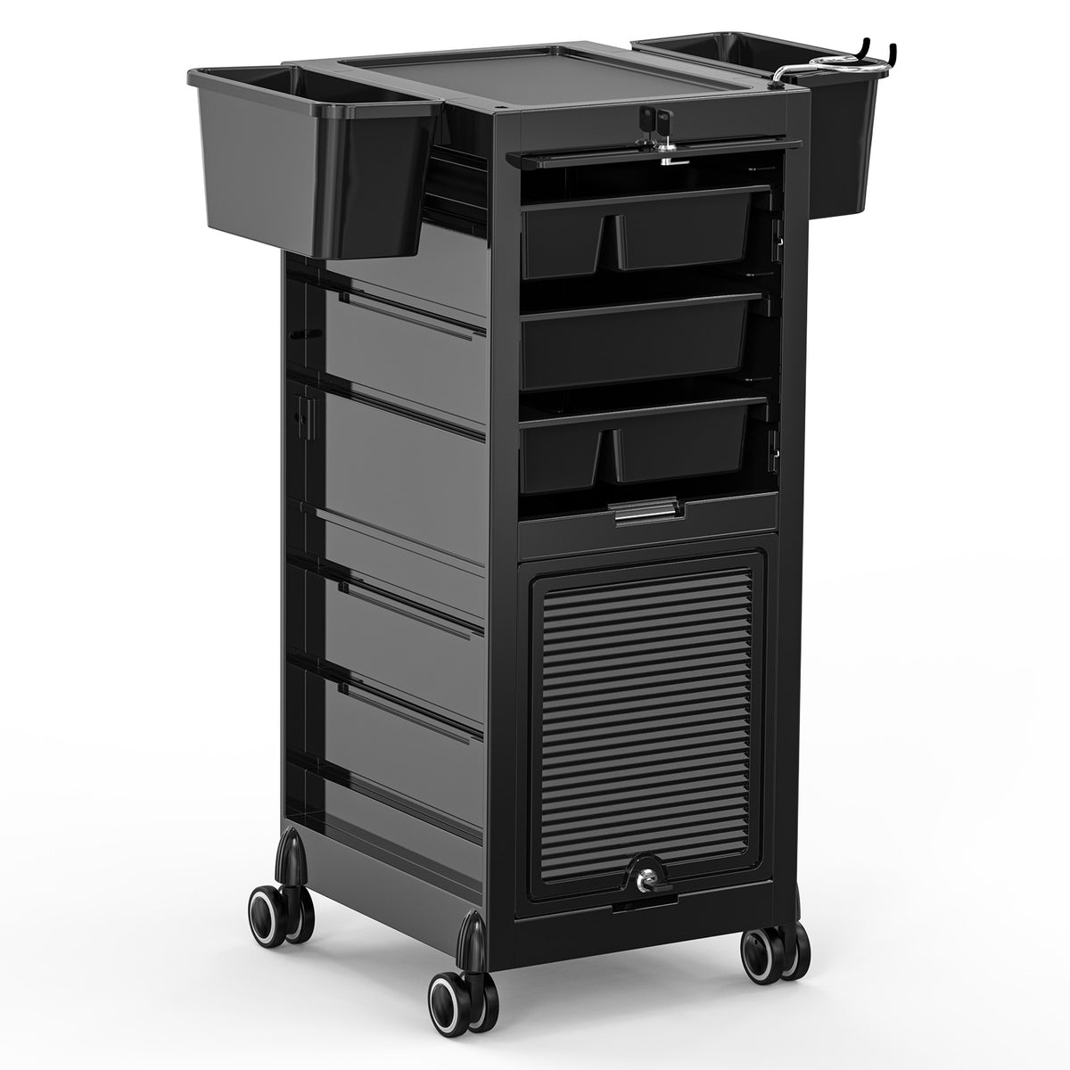 OmySalon ST1802 Rolling Salon Trolley Cart w/Wheels & 2 Lockable Doors 4 Drawers 2 Buckets 1 Dryer Holder