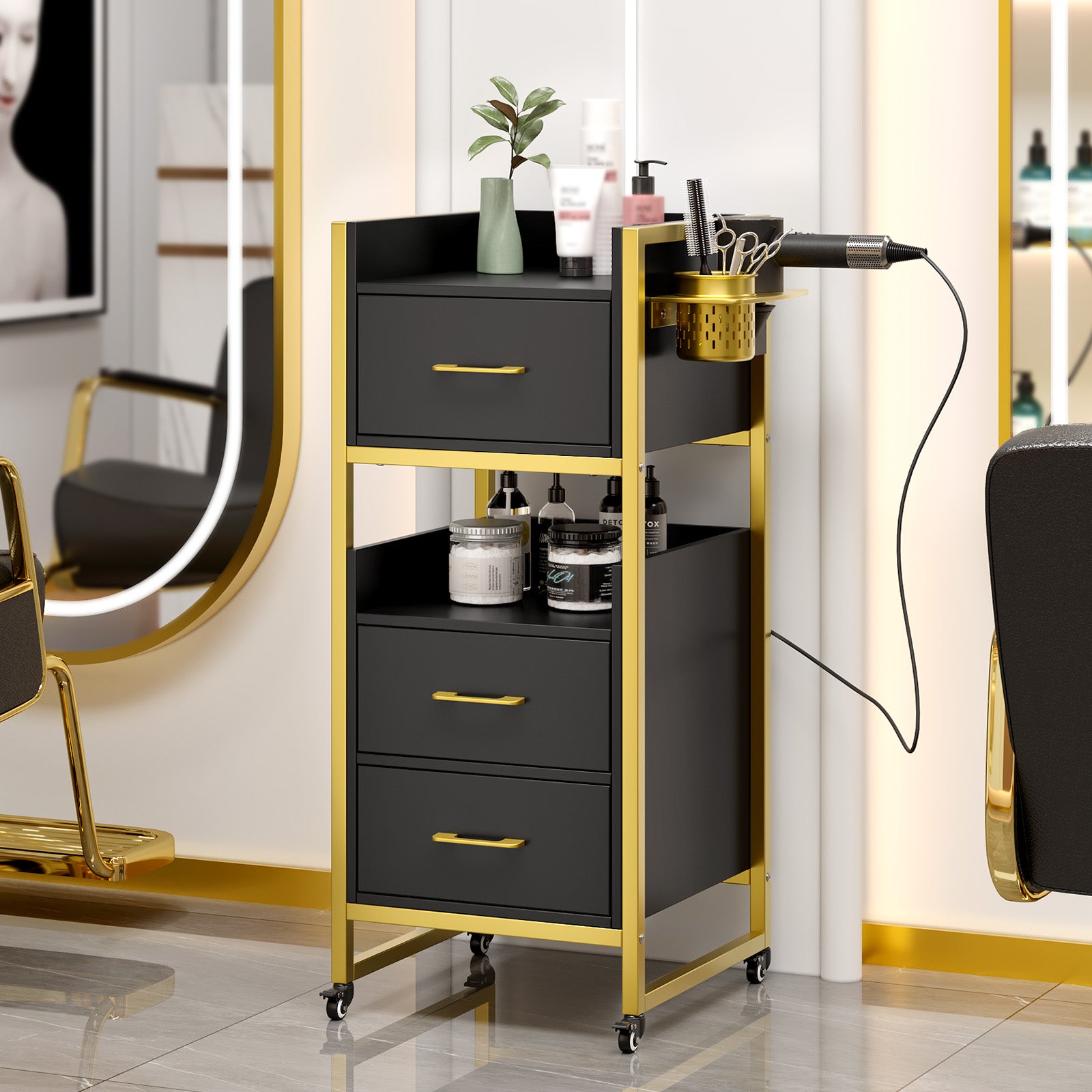 OmySalon WSCTD Wooden Mobile Salon Trolley Cart w/Wheels & 3 Drawers 2 Open Shelves 2 Tool Holders
