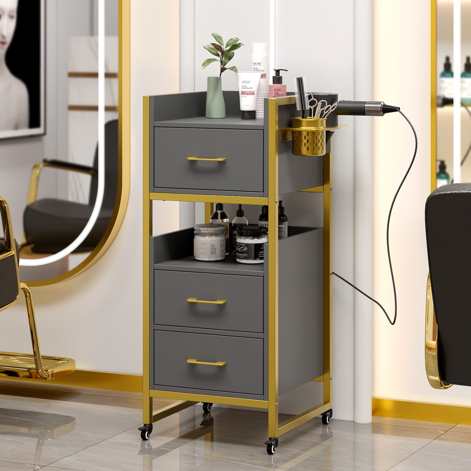 OmySalon WSCTD Wooden Mobile Salon Trolley Cart w/Wheels & 3 Drawers 2 Open Shelves 2 Tool Holders
