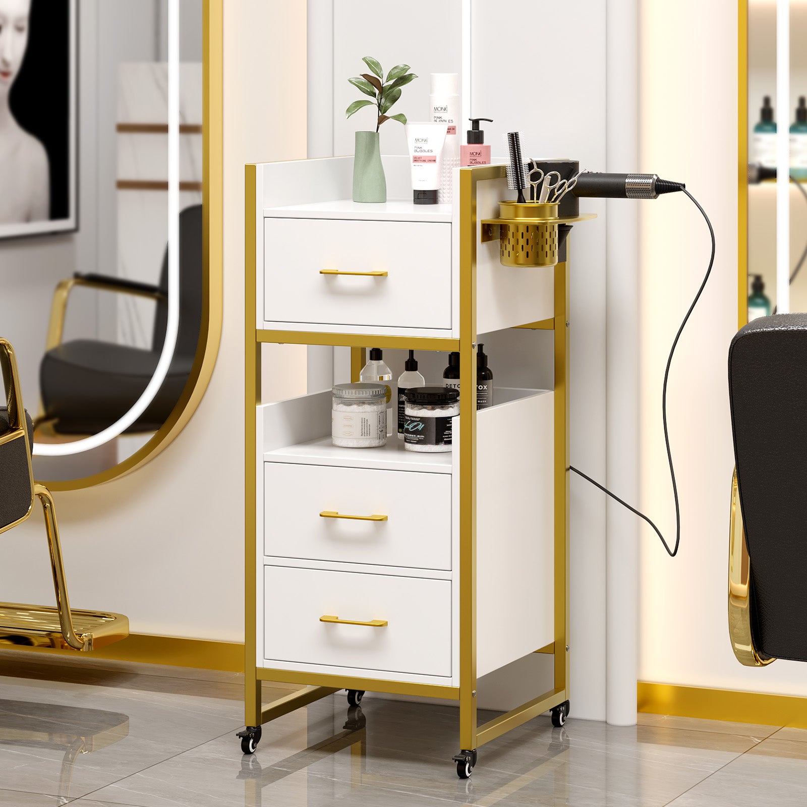 OmySalon WSCTD Wooden Mobile Salon Trolley Cart w/Wheels & 3 Drawers 2 Open Shelves 2 Tool Holders