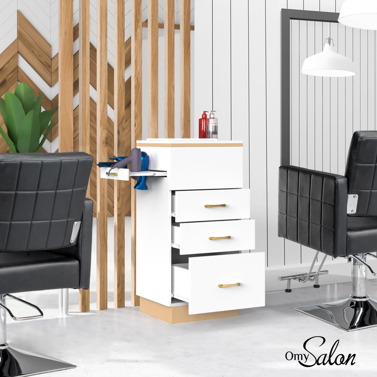 OmySalon HSC-23 Salon Styling Storage Station w/3 Drawers 1 Storage Basin 3 Hair Dryer Holders