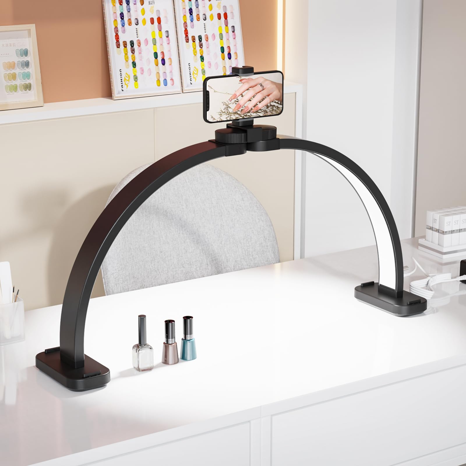 OmySalon 29" Foldable Shadowless Half Moon LED Nail Lamp with 3000-6500K Adjustable Color Temperature, Stepless Dimming & Phone Holder