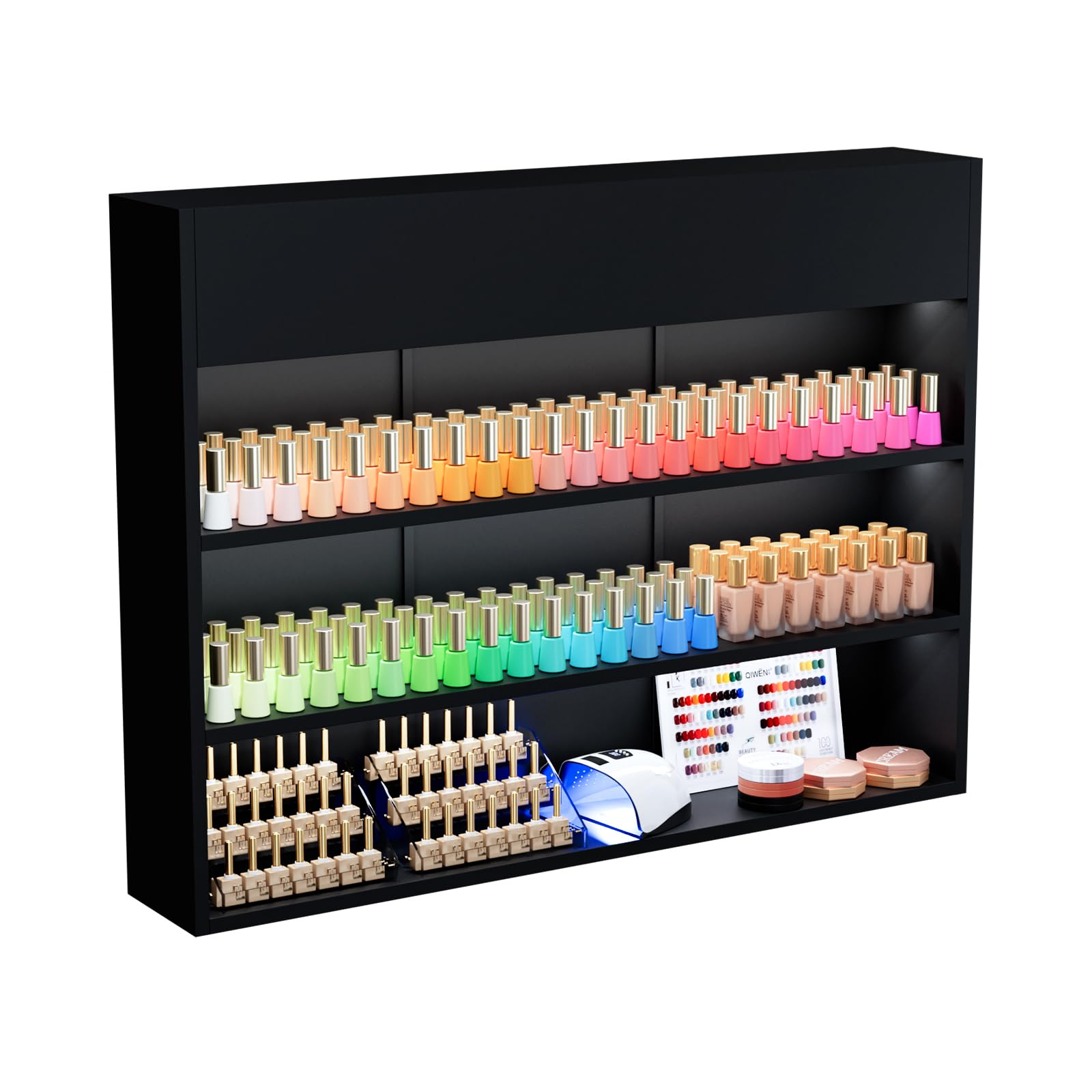 OmySalon 3-Tier Wall Mount LED Wooden Nail Polish Organizer Shelf with USB Touch Control