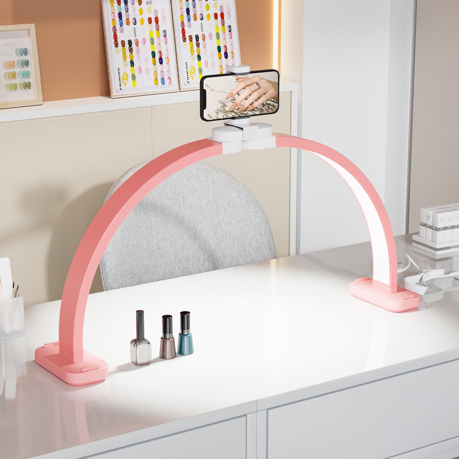 OmySalon 29" Foldable Shadowless Half Moon LED Nail Lamp with 3000-6500K Adjustable Color Temperature, Stepless Dimming & Phone Holder
