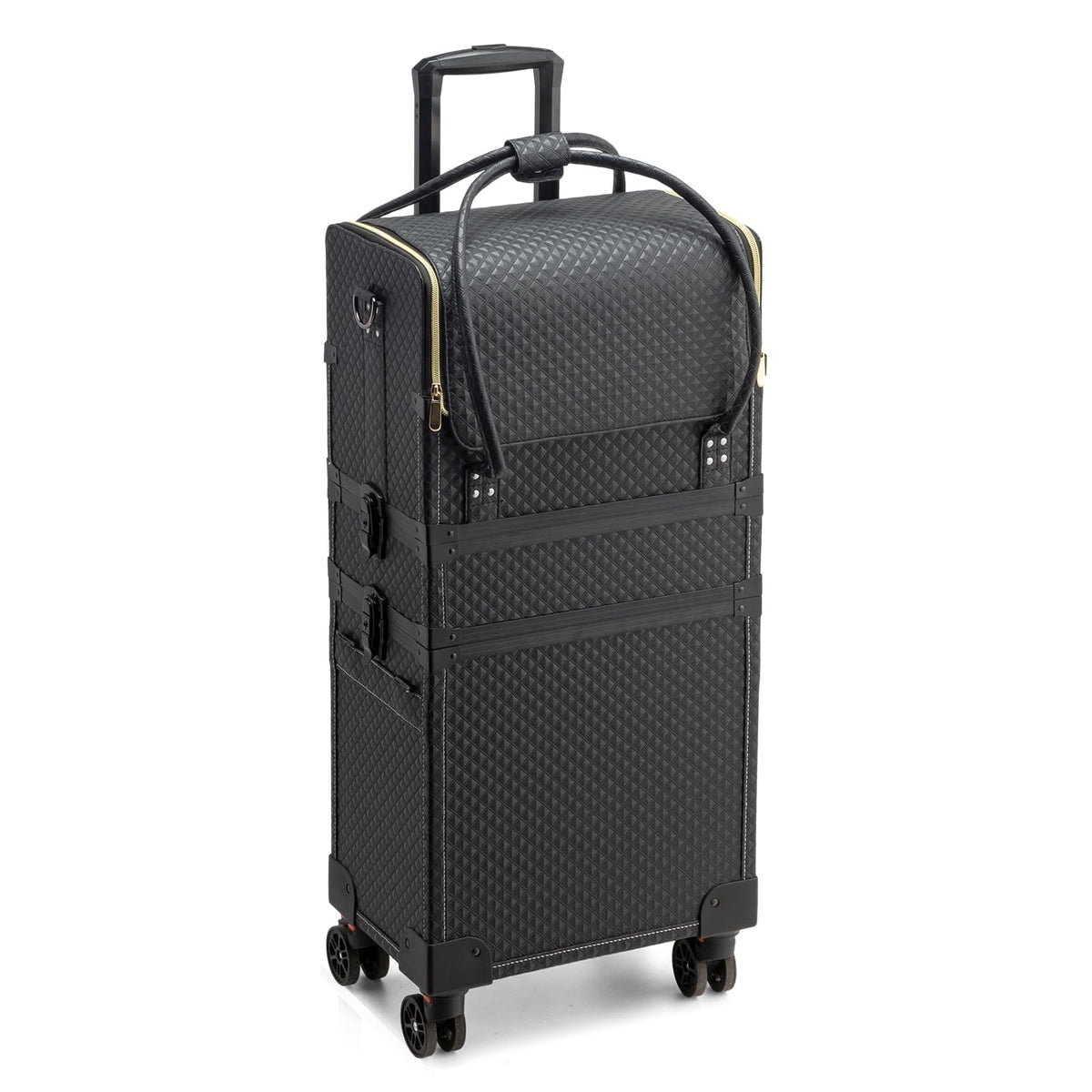 OmySalon 4-in-1 Portable Lockable Rolling Makeup Train Case with 4 Top Trays & 1 Deep Drawer