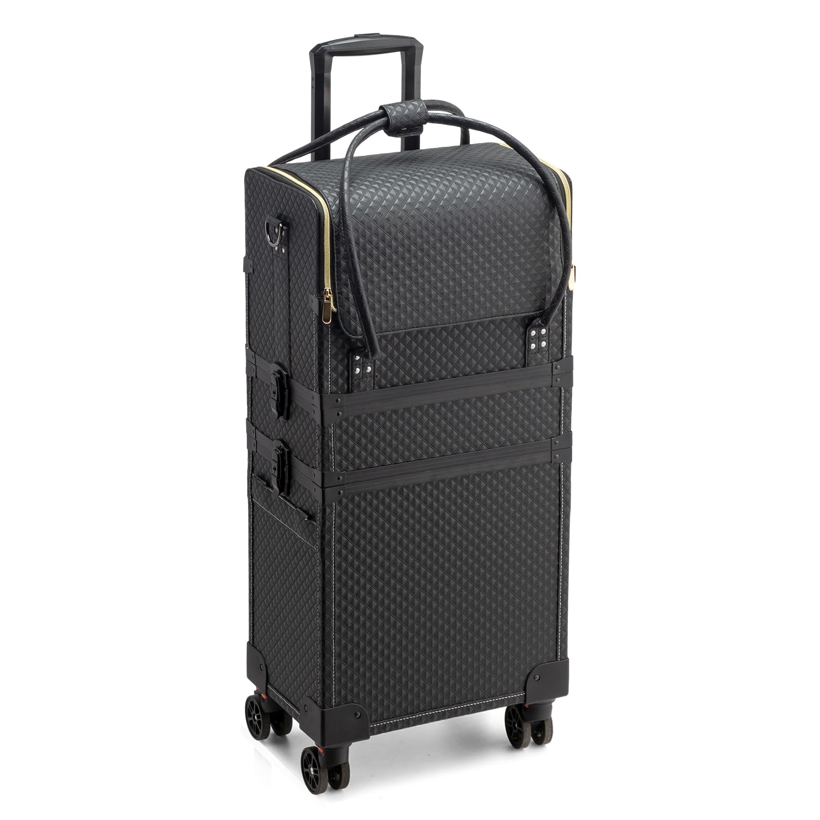 OmySalon 4-in-1 Portable Lockable Rolling Makeup Train Case with 4 Top Trays & 1 Deep Drawer