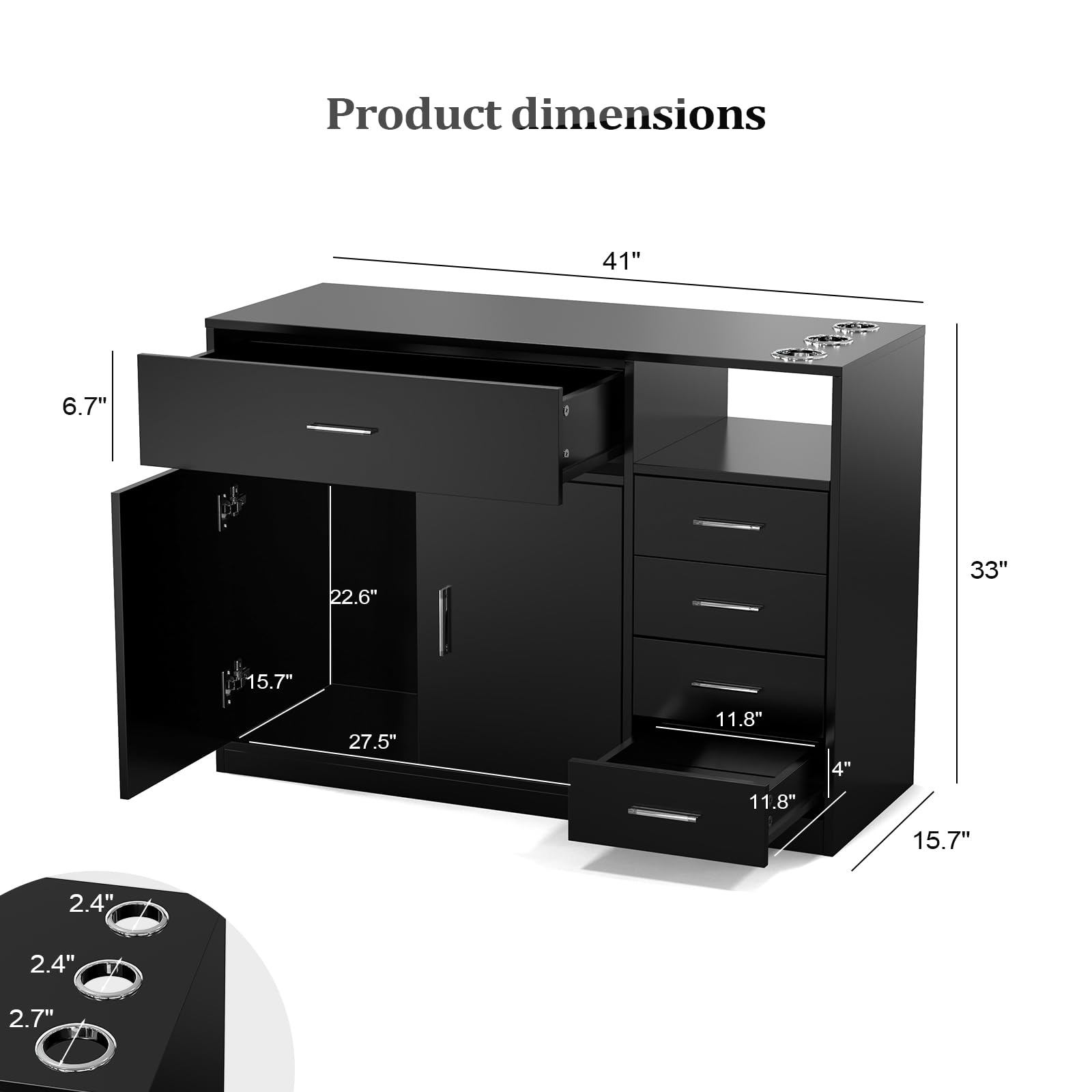 OmySalon HSC-22 Salon Station Cabinet Free Standing Styling Stations with 5 Drawers 1 Storage Cabinet 3 Hair Dryer Holders