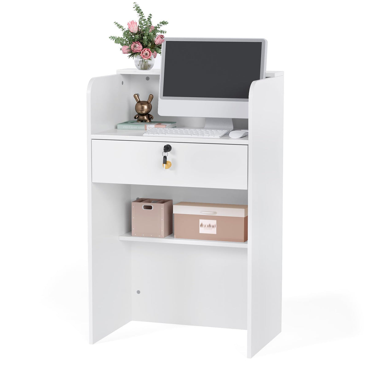 OmySalon RD Modern Wooden Reception Desk with Lockable Drawer and Legroom Rack