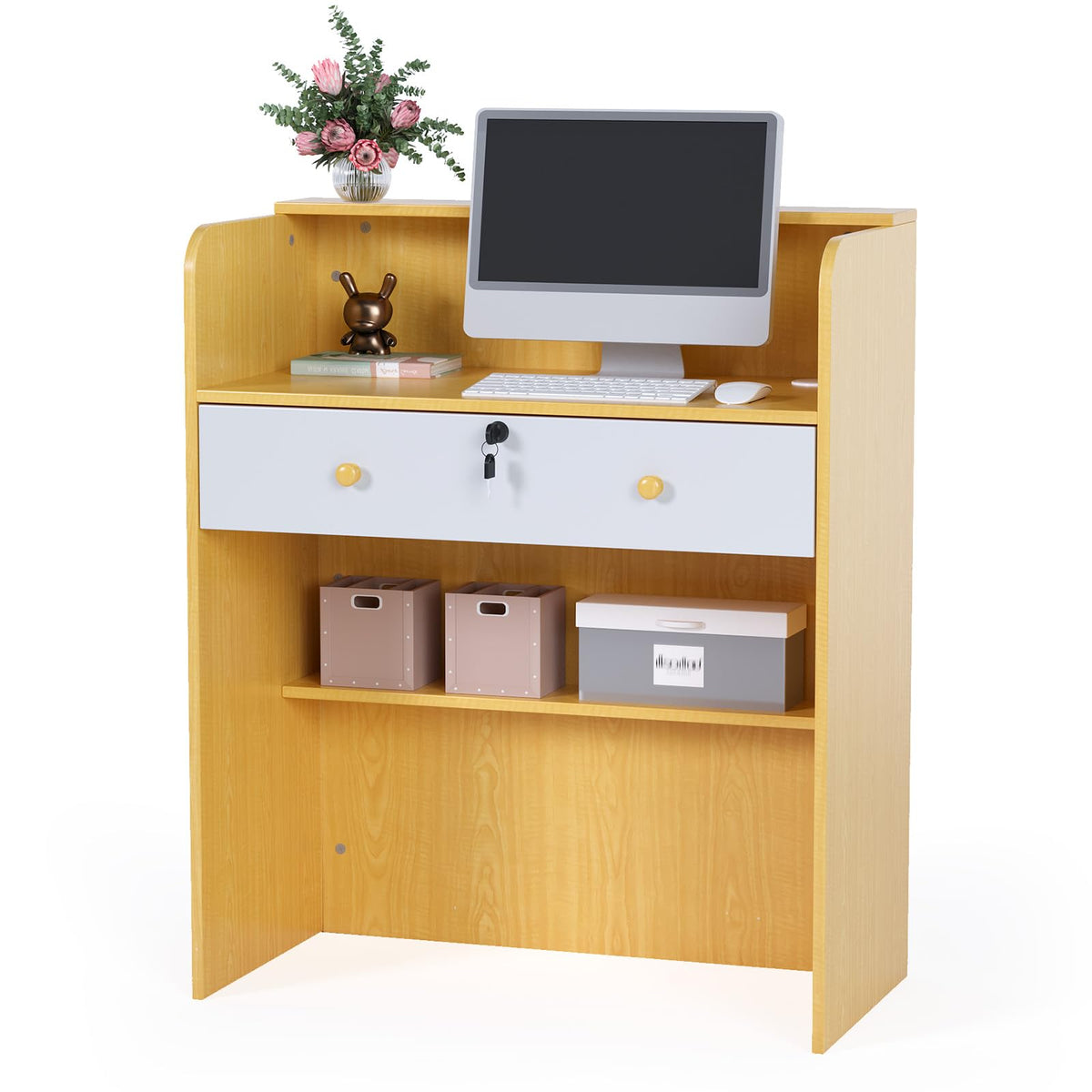 OmySalon RD Modern Wooden Reception Desk with Lockable Drawer and Legroom Rack