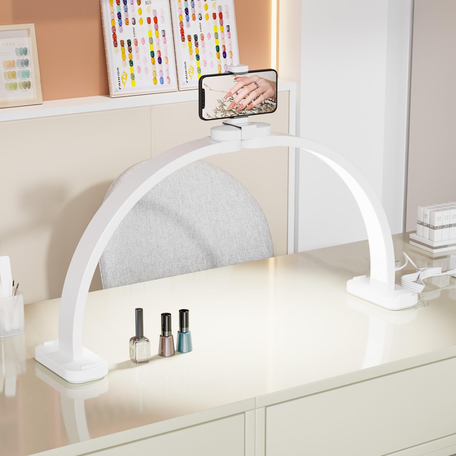 OmySalon 29" Foldable Shadowless Half Moon LED Nail Lamp with 3000-6500K Adjustable Color Temperature, Stepless Dimming & Phone Holder