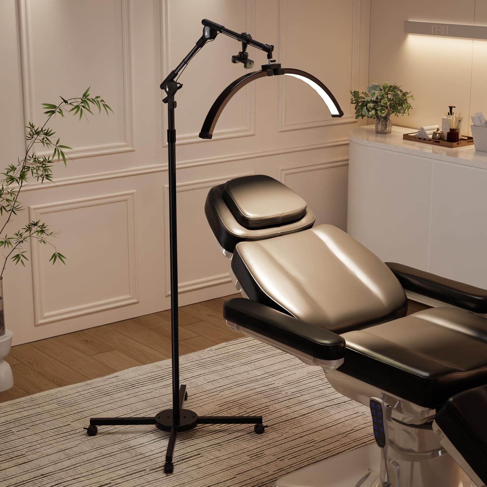 OmySalon Height Adjustable Shadowless Half Moon LED Floor Lamp with 3000-6500K Adjustable Color Temperature, Stepless Dimming & Phone Holder