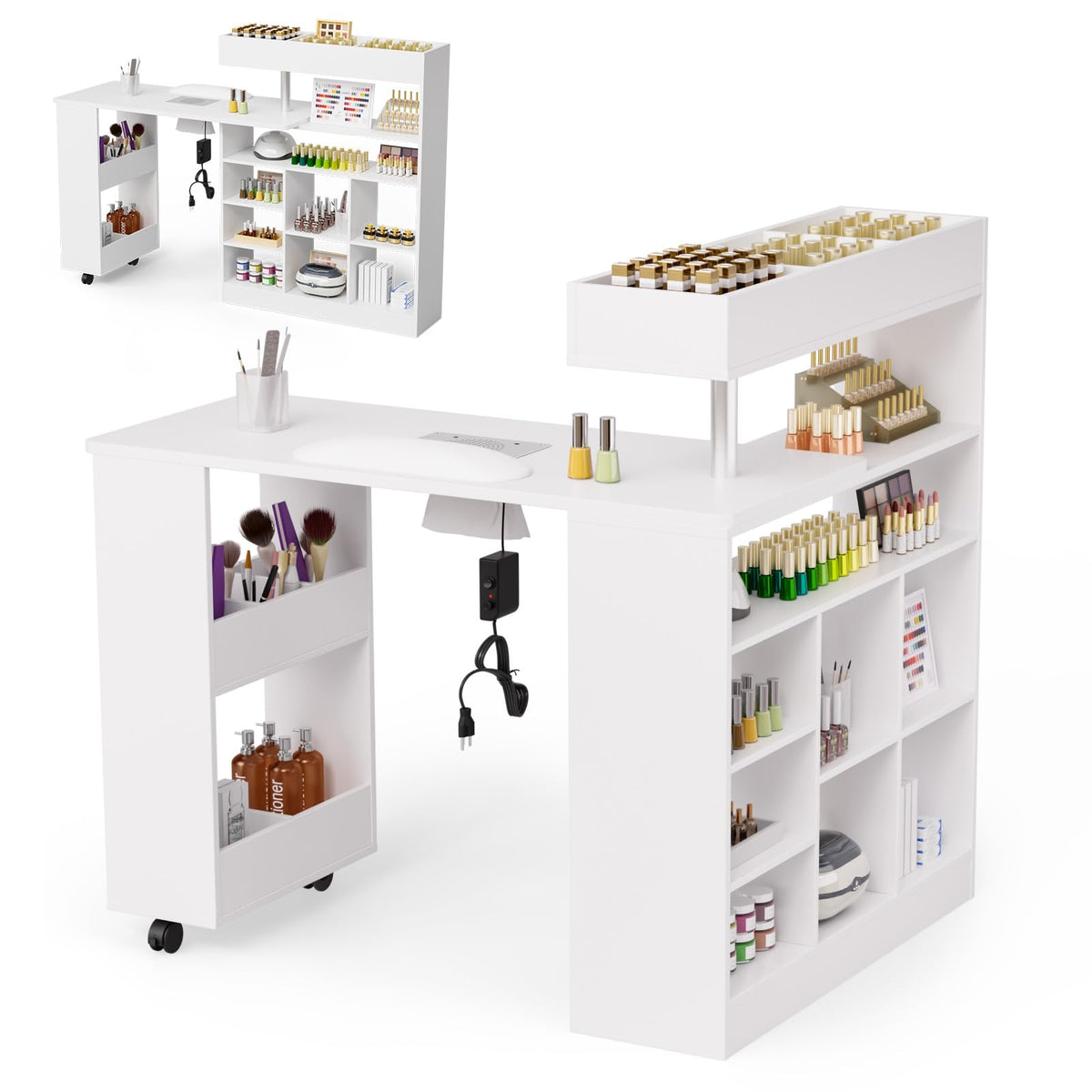 OmySalon MT-RL Rotatable L-Shaped Nail Manicure Table with Electric Dust Collector, Storage Trolley & Wrist Rest