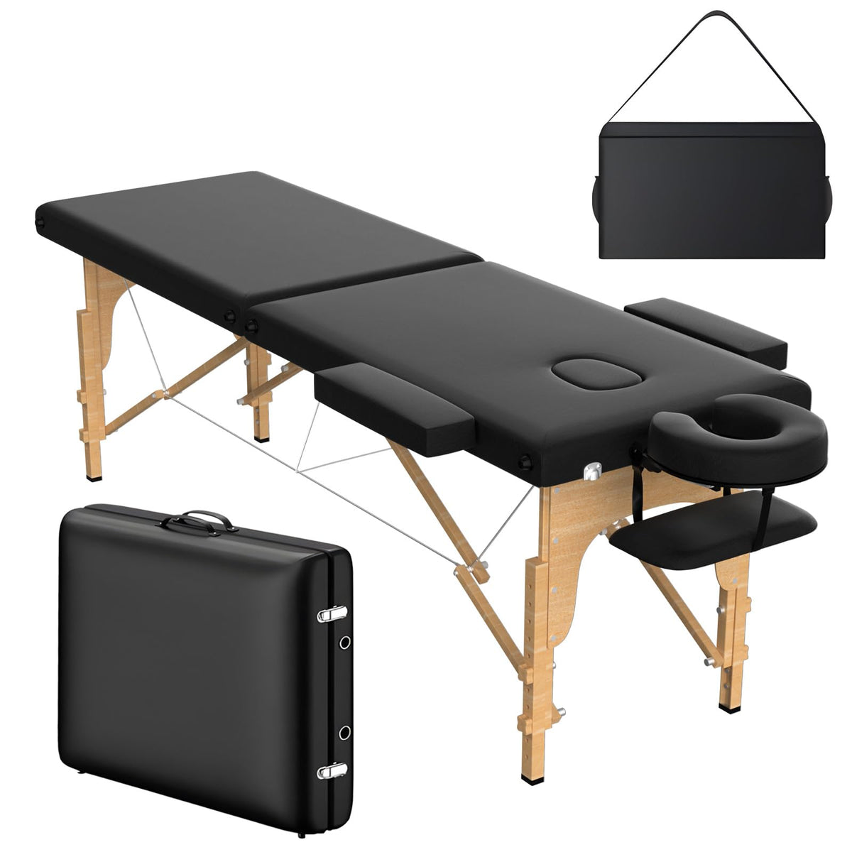 OmySalon 2FBW 84in 2-Fold Portable Physical Therapy Massage Table with Carrying Bag, Face Cradle & Wooden Frame