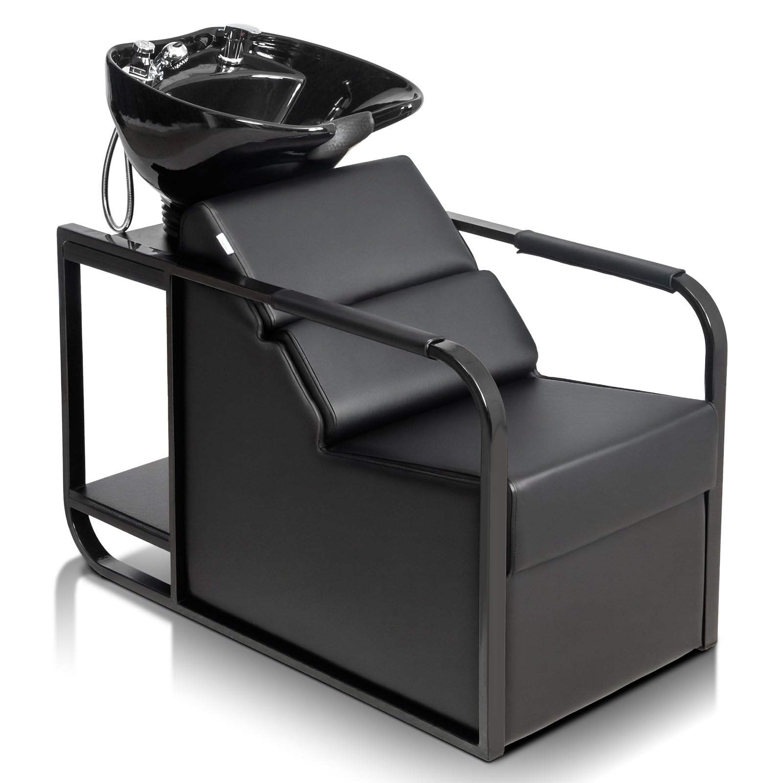 OmySalon BU2201 Salon Shampoo Backwash Chair Unit with Tilting Ceramic Bowl & Storage Shelf