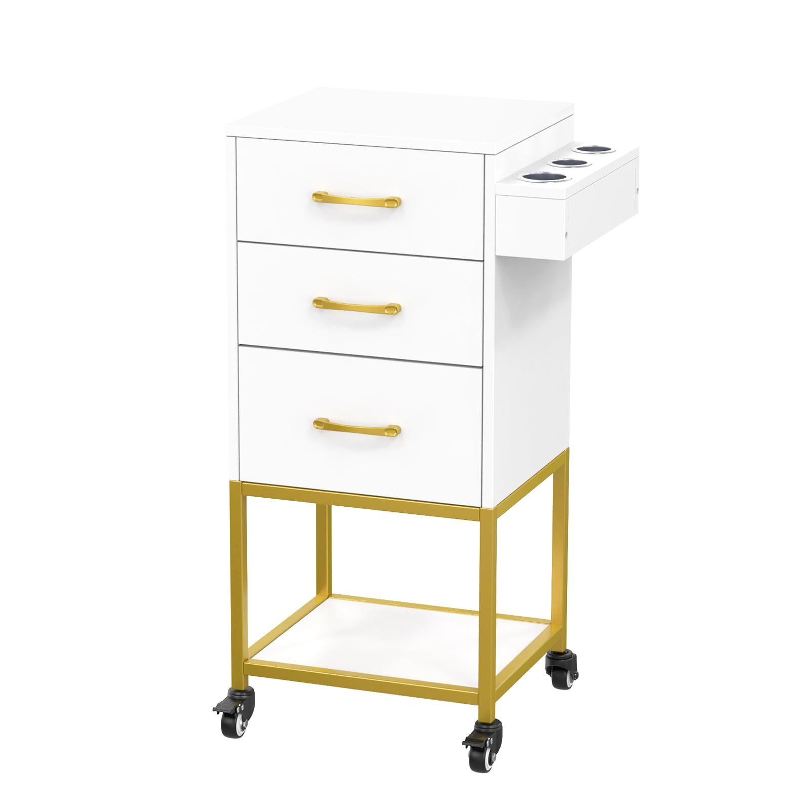 OmySalon ST-2501 Wooden Rolling Storage Trolley Cart w/Wheels & 3 Dreawers 1 Bottom Compartment Plate Hair Dryer Holders