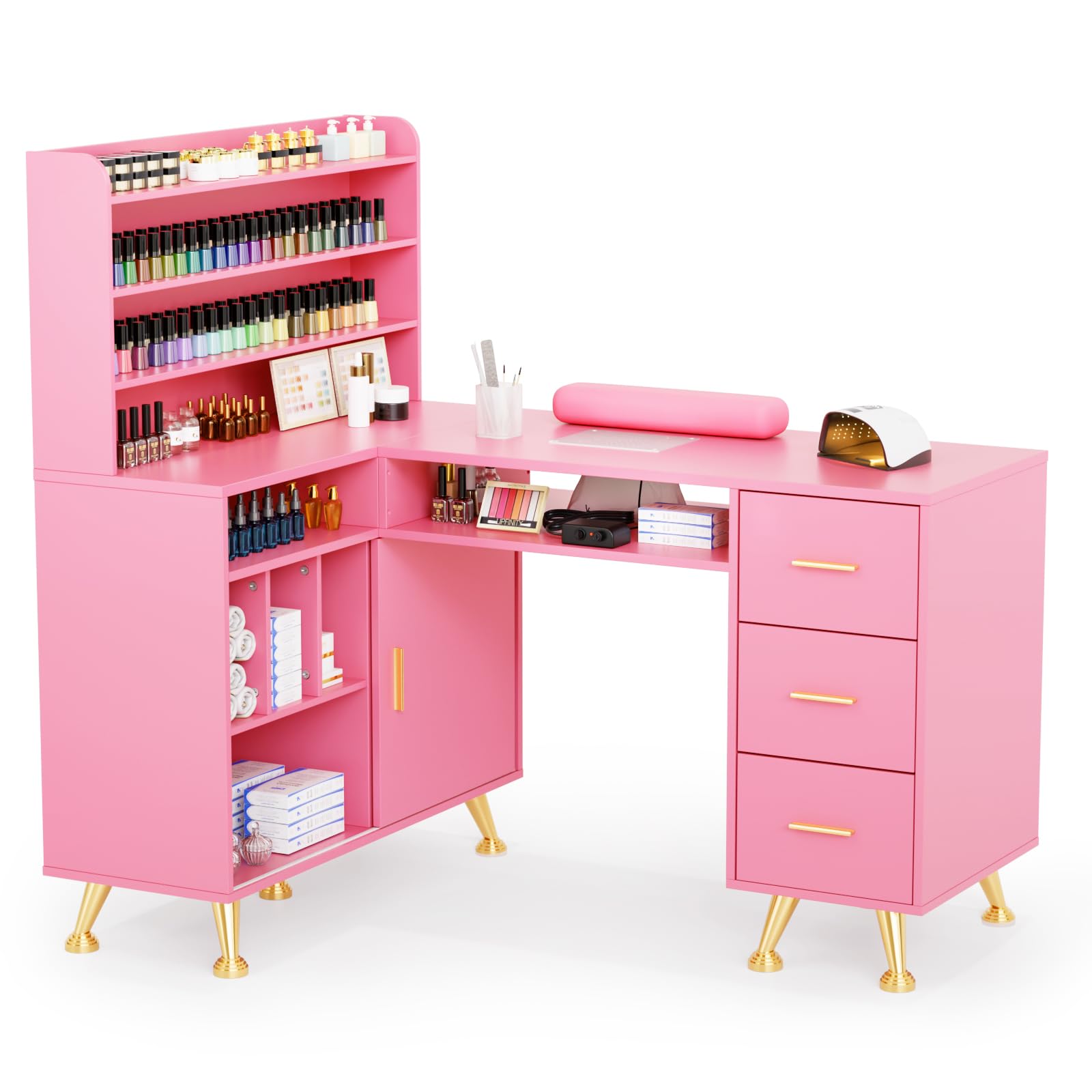 OmySalon MT-LS 52" L Shaped Nail Manicure Table w/Polish Display Rack & Electric Dust Collector & Wrist Rest