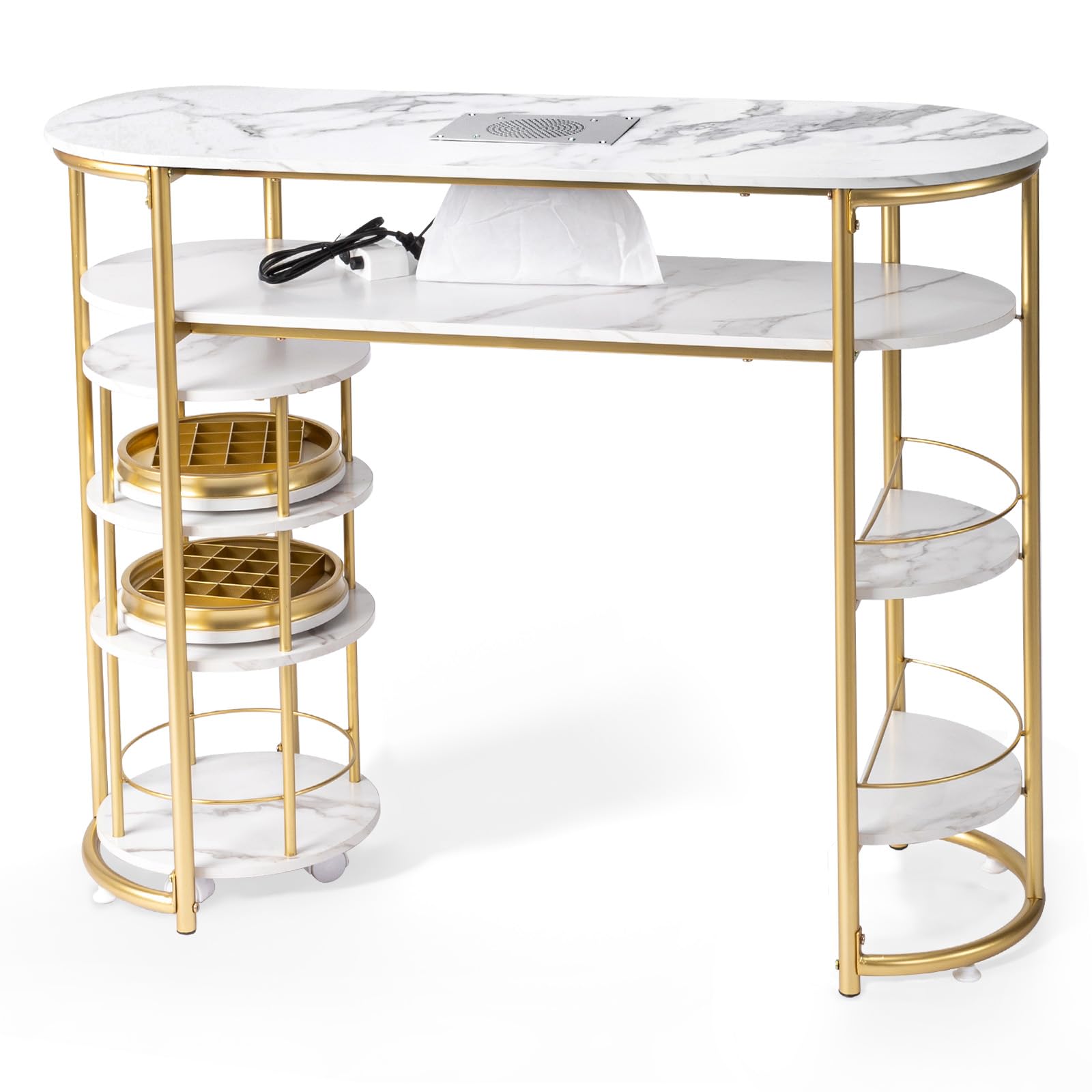 OmySalon MT-WRCT Marbling Manicure Table w/Electric Dust Collector & Rolling Trolley