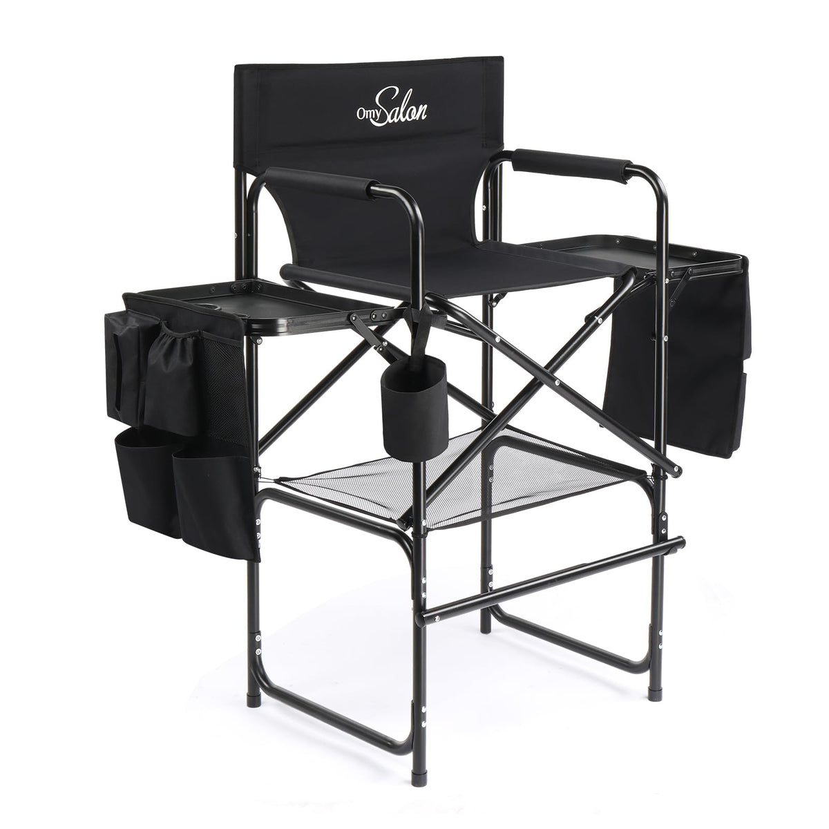 OmySalon 31in Portable Folding Director Chair with 2 Retractable Side Tables & 2 Side Bags
