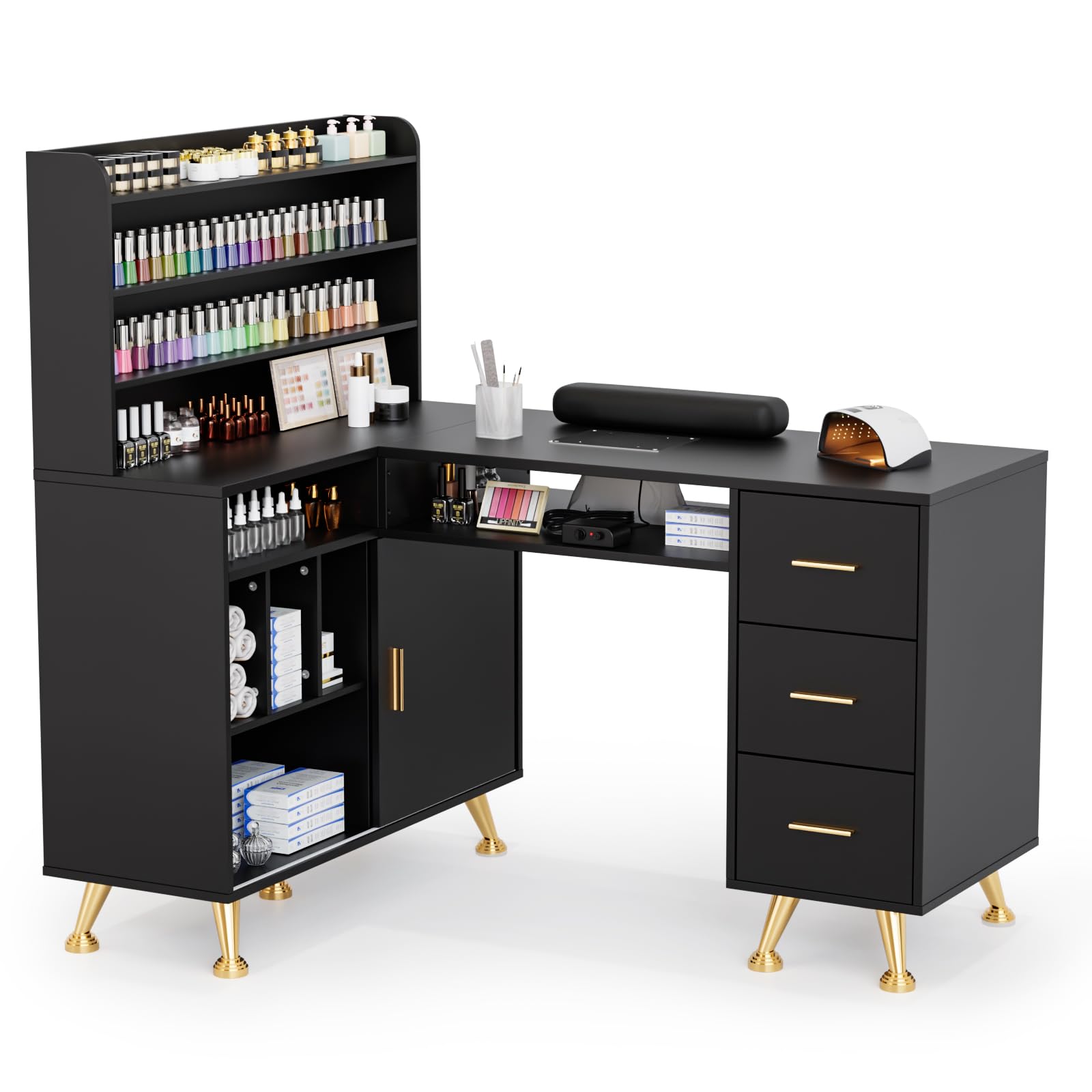 OmySalon MT-LS 52" L Shaped Nail Manicure Table w/Polish Display Rack & Electric Dust Collector & Wrist Rest