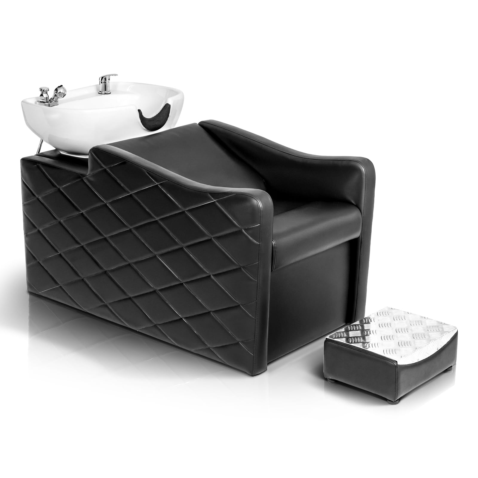 OmySalon BU1701 Salon Shampoo Bowl and Chair Backwash Unit with Large Ceramic Bowl & Freestanding Ottoman