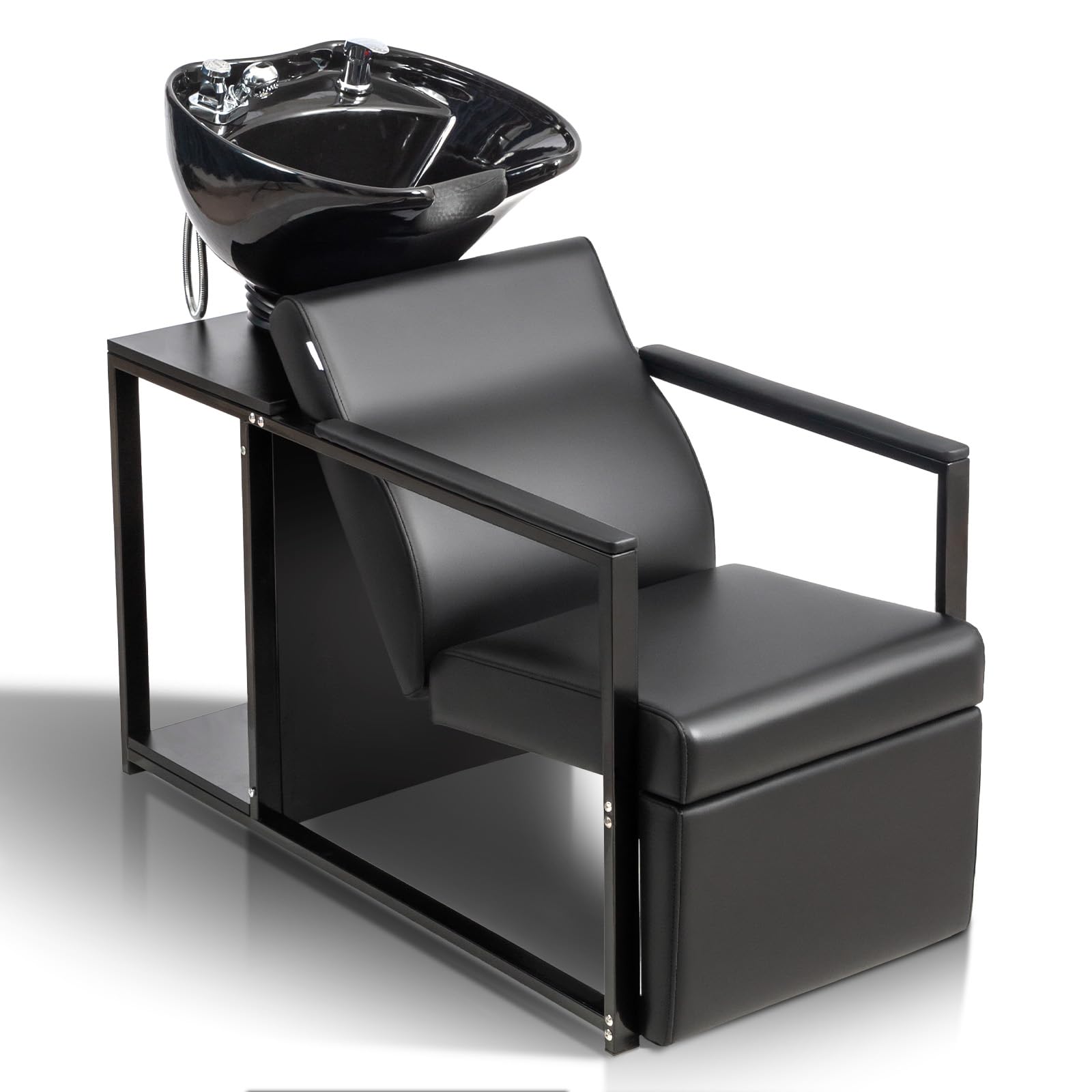 OmySalon BU2301 Salon Shampoo Backwash Chair Unit with Porcelain Bowl & Storage Shelf