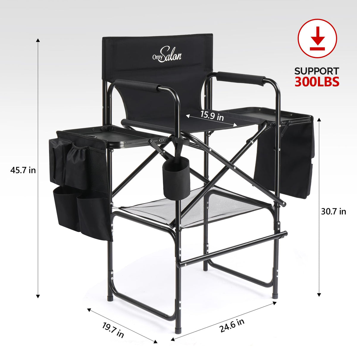 OmySalon 31in Portable Folding Director Chair with 2 Retractable Side Tables & 2 Side Bags