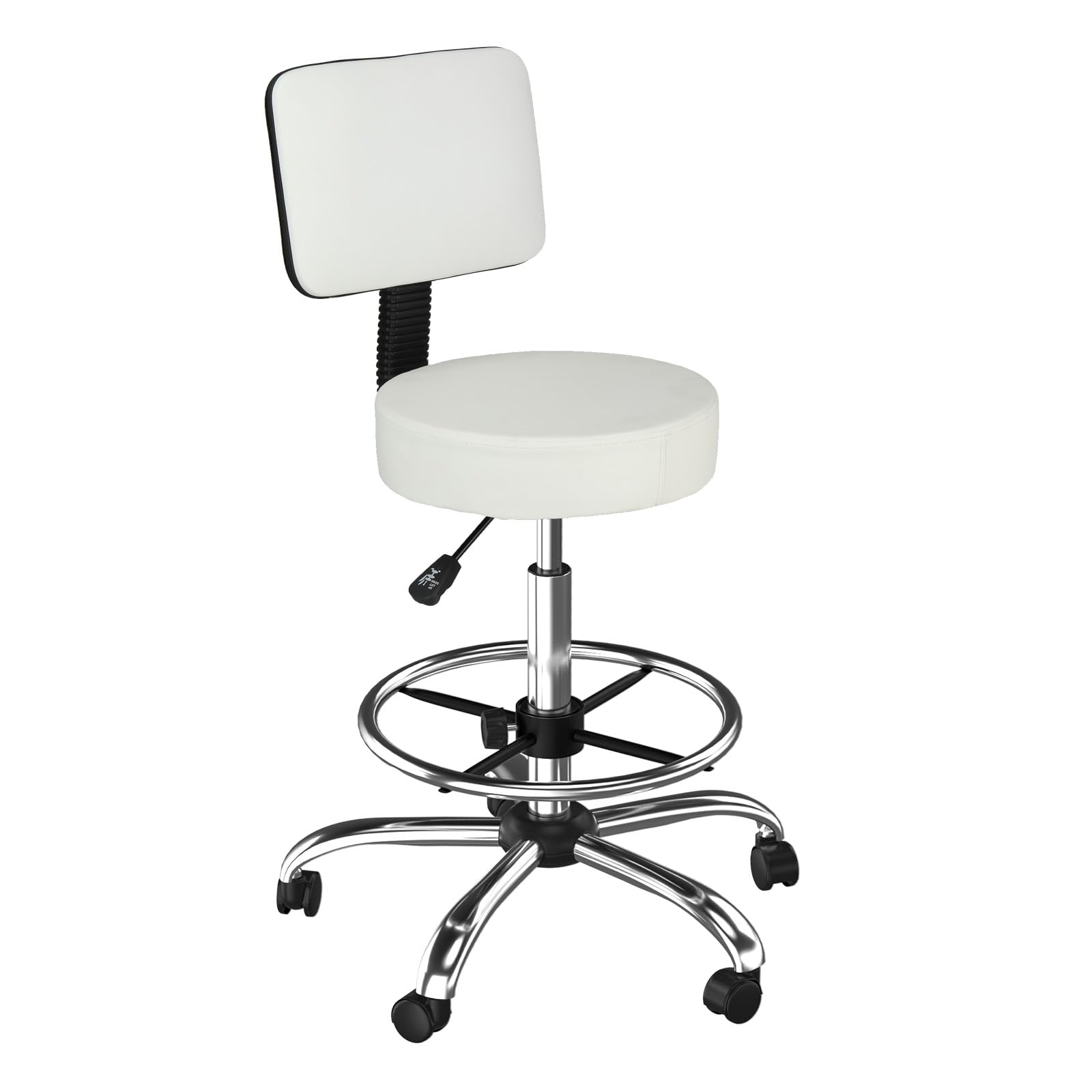 OmySalon Adjustable Thick Seat Cushion Rolling Stool with Back Support & Footrest