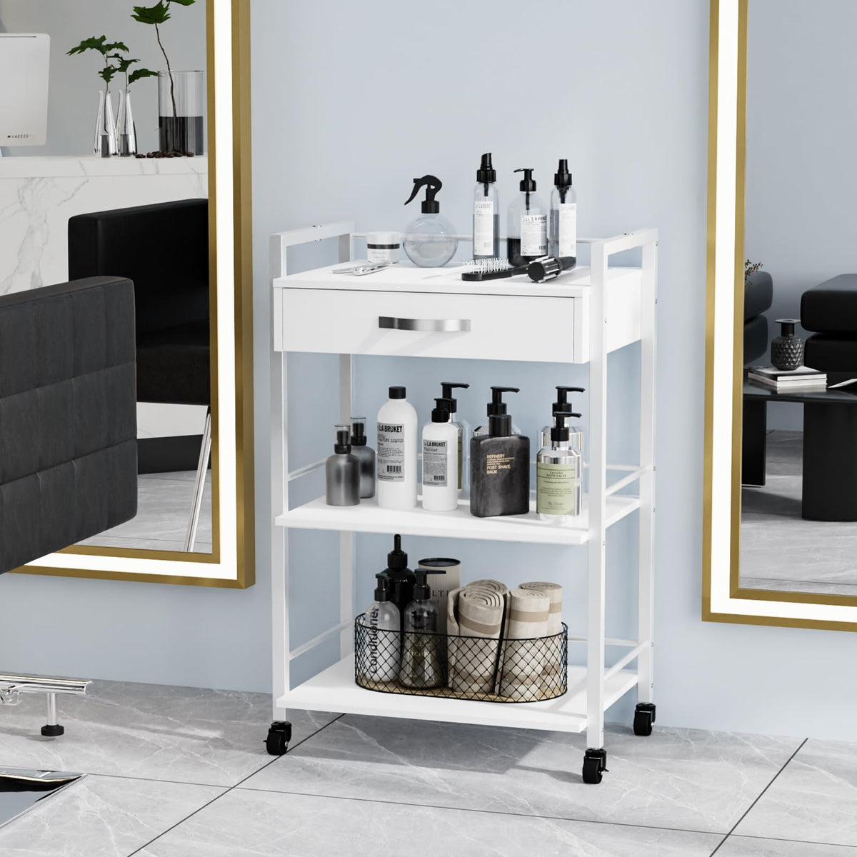 OmySalon Wooden Rolling Utility Esthetician Trolley Cart w/Wheels & Drawer