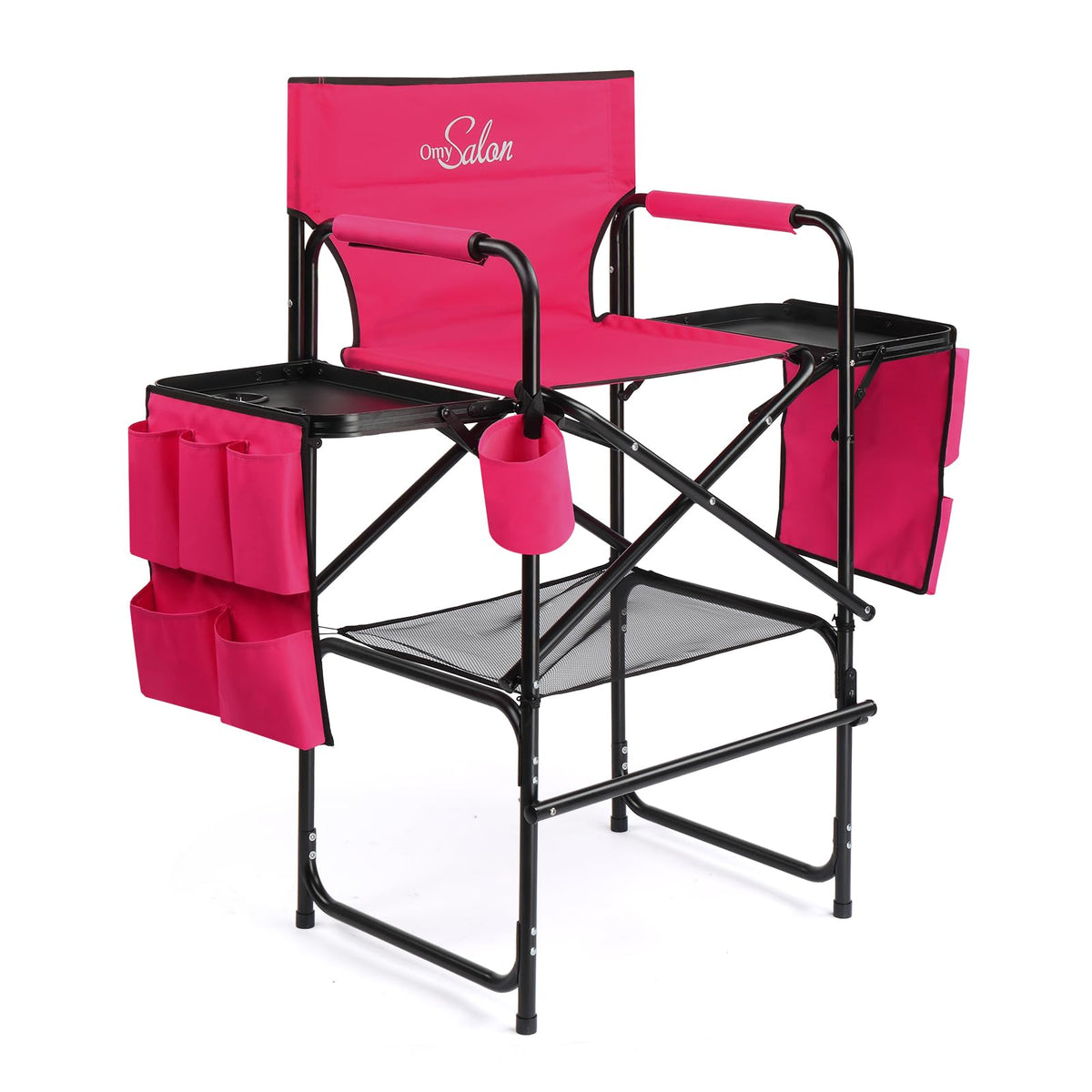 OmySalon 31in Portable Folding Director Chair with 2 Retractable Side Tables & 2 Side Bags