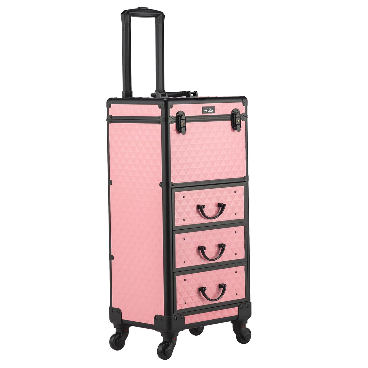 OmySalon Diamond Pattern Aluminum Lockable Rolling Makeup Train Case With 3 Drawers