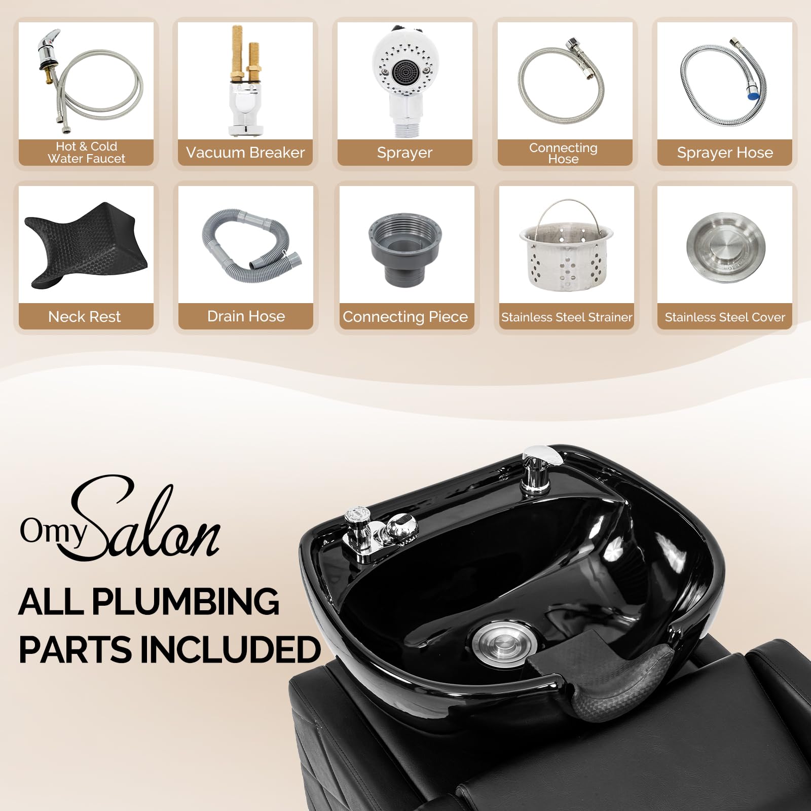 OmySalon BU1701 Salon Shampoo Bowl and Chair Backwash Unit with Large Ceramic Bowl & Freestanding Ottoman