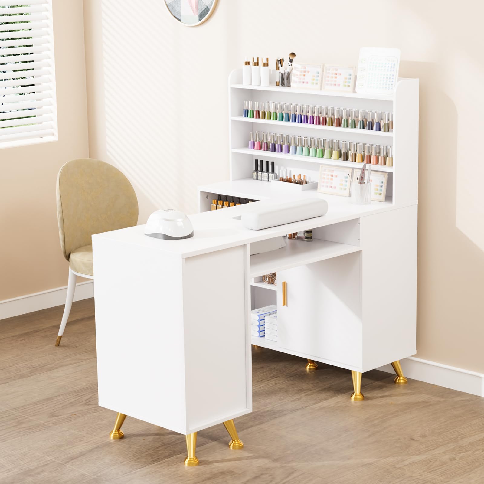 OmySalon MT-LS 52" L Shaped Nail Manicure Table w/Polish Display Rack & Electric Dust Collector & Wrist Rest