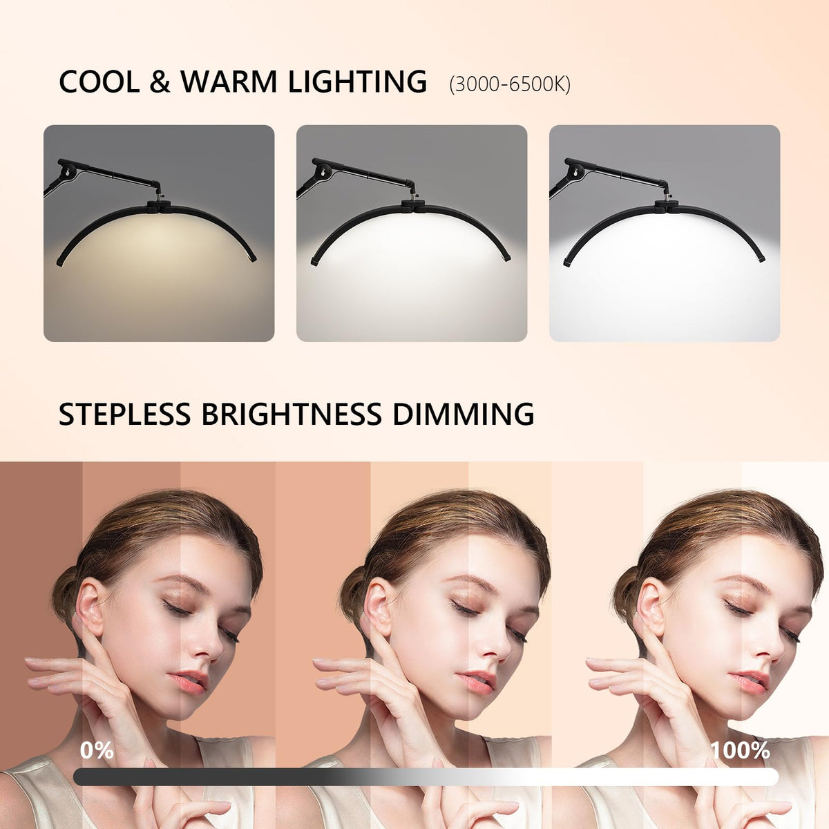 OmySalon Height Adjustable Shadowless Half Moon LED Floor Lamp with 3000-6500K Adjustable Color Temperature, Stepless Dimming & Phone Holder