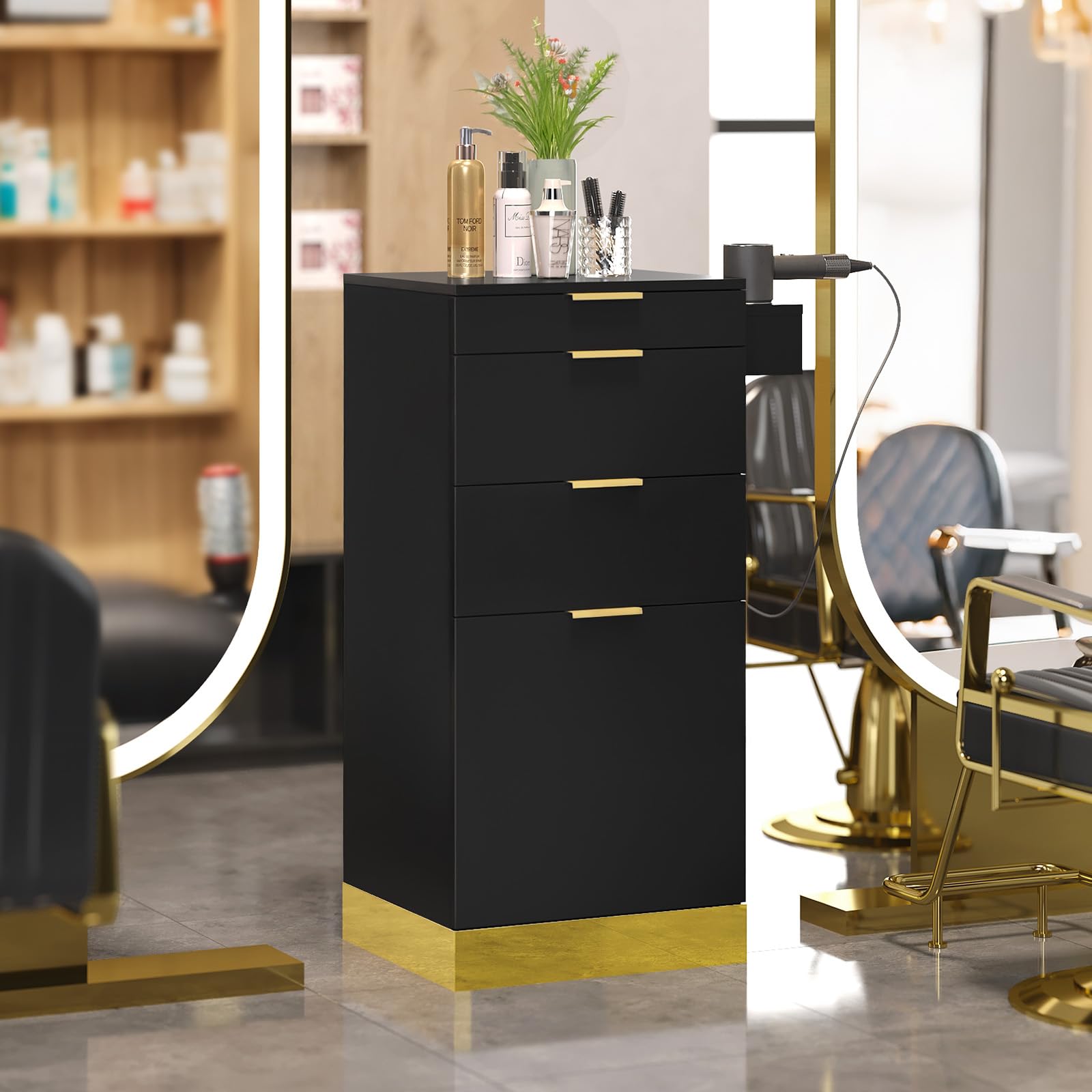 OmySalon SCWS Modern Style Salon Styling Storage Station with 3 Drawers 1 Cabinet 3 Hair Dryer Holders