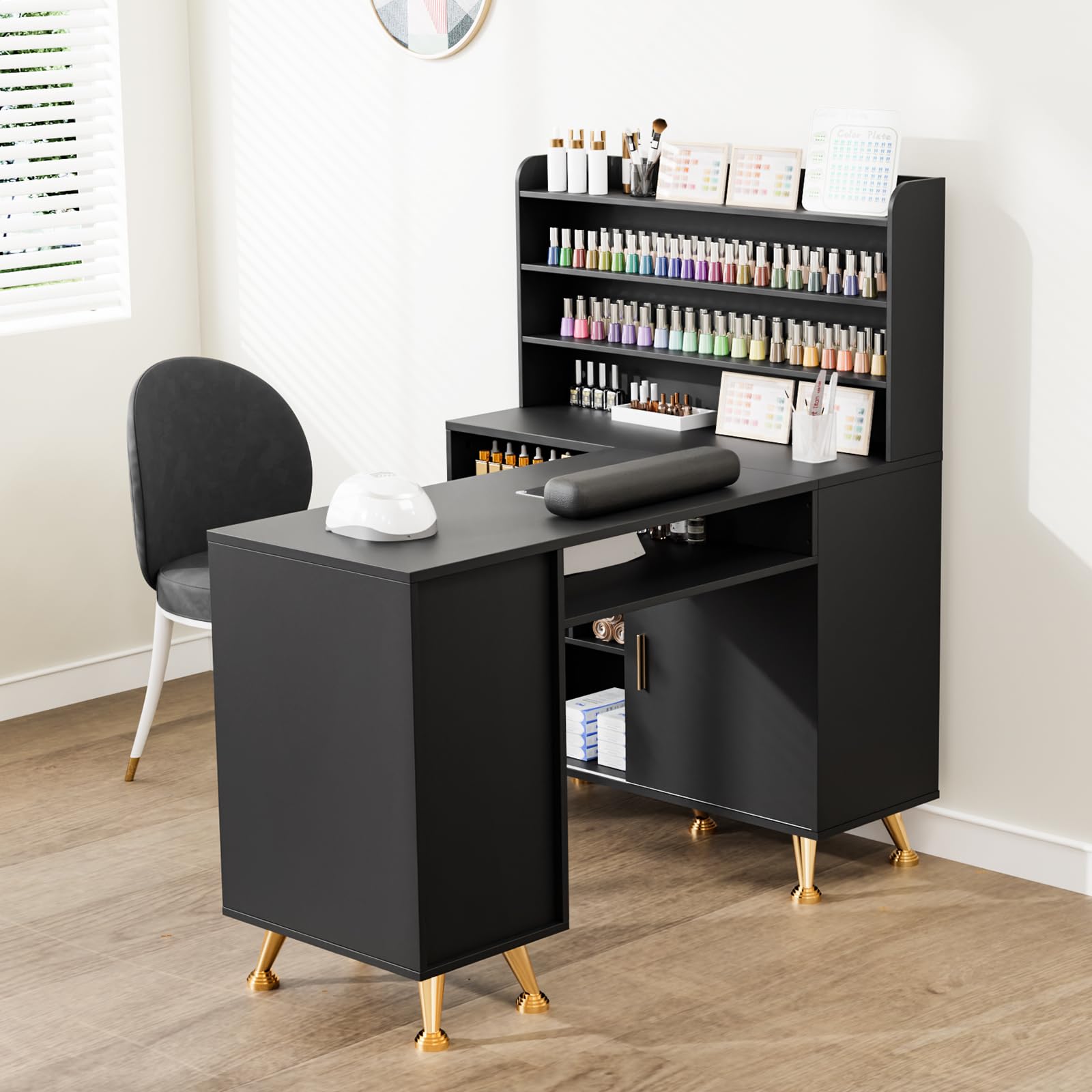 OmySalon MT-LS 52" L Shaped Nail Manicure Table w/Polish Display Rack & Electric Dust Collector & Wrist Rest