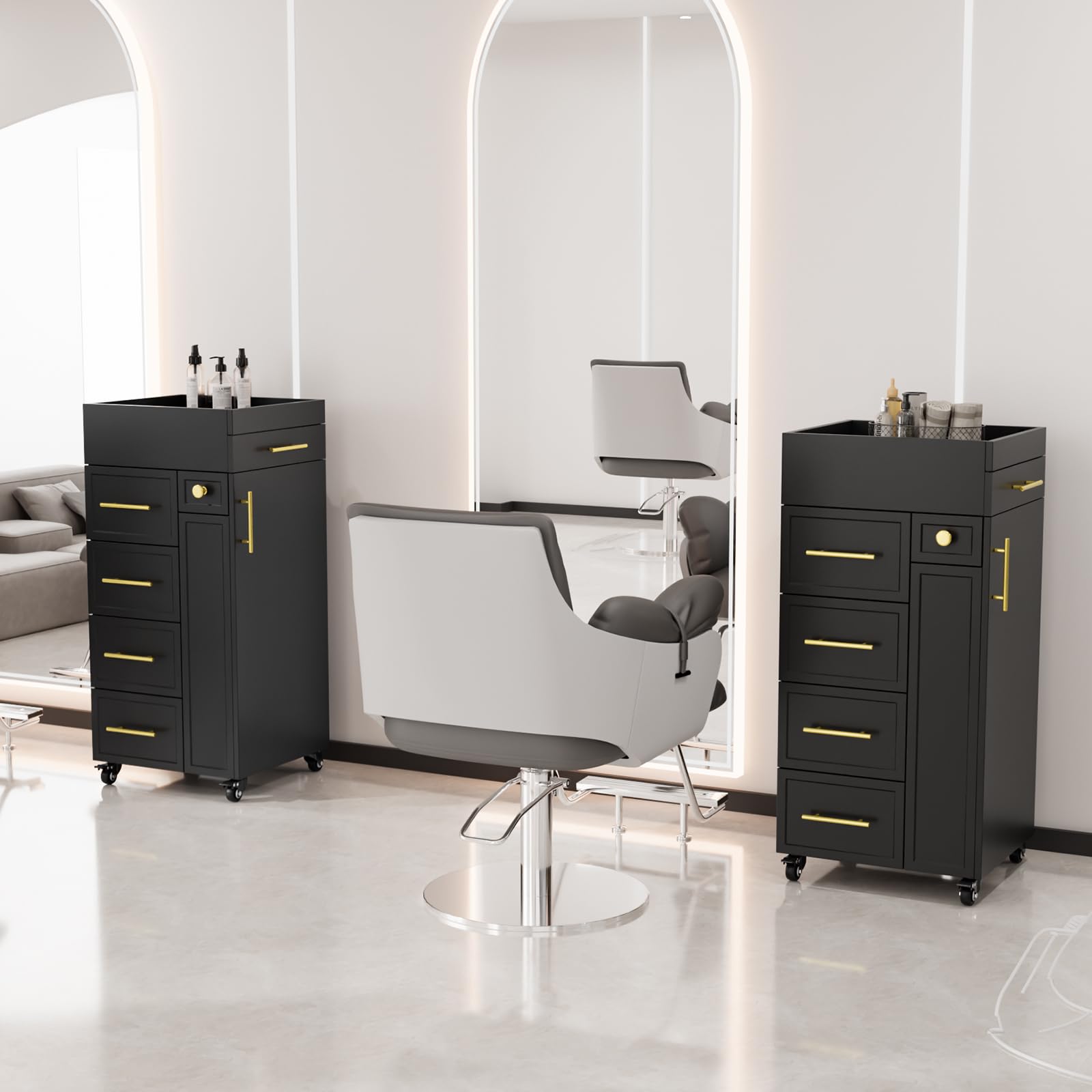OmySalon SCFD Wooden Mobile Salon Trolley Cart w/Wheels & 5 Drawers 1 Cabinet 3 Tool Holders