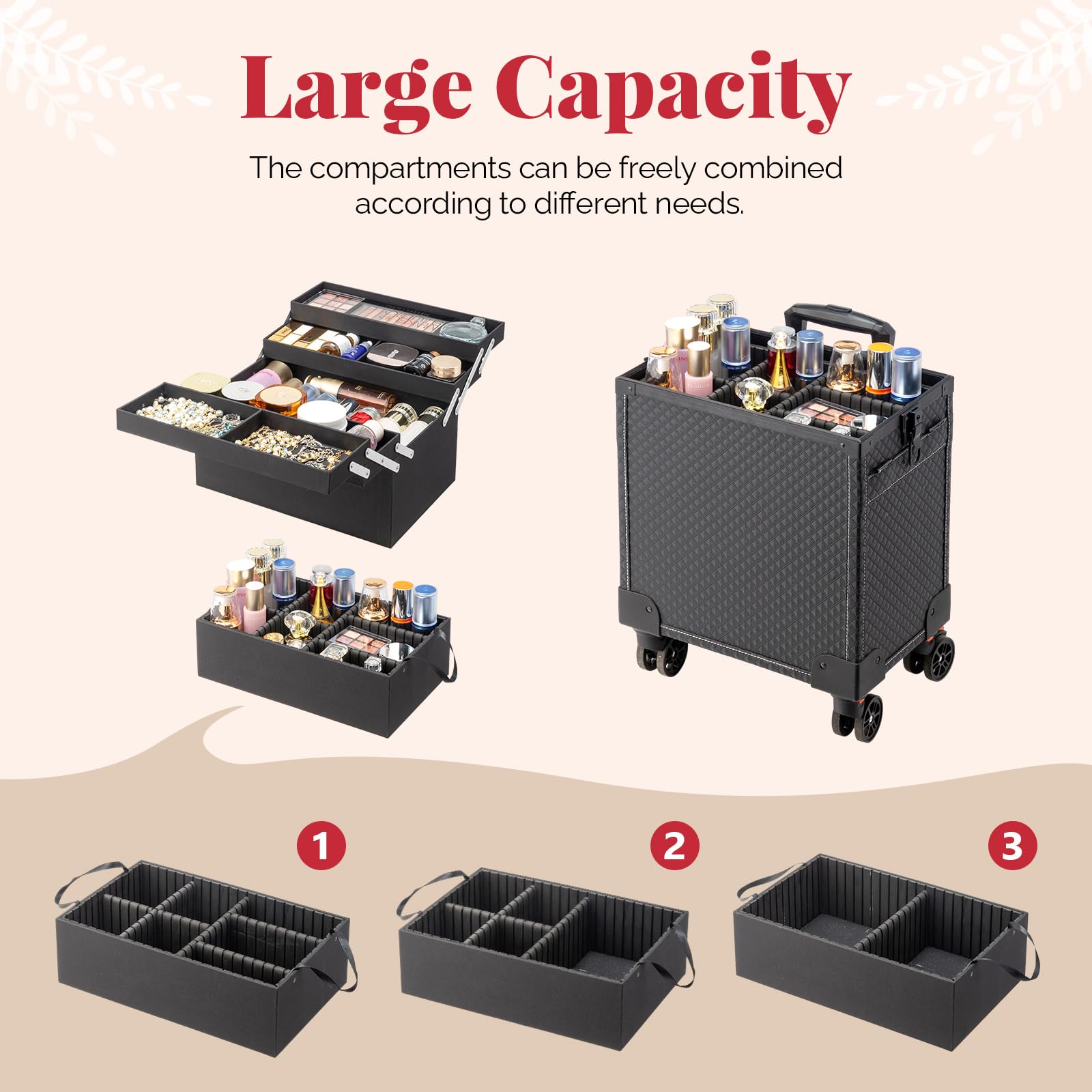 OmySalon 4-in-1 Portable Lockable Rolling Makeup Train Case with 4 Top Trays & 1 Deep Drawer
