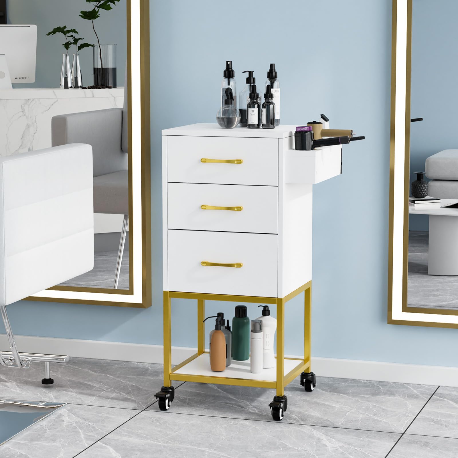 OmySalon ST-2501 Wooden Rolling Storage Trolley Cart w/Wheels & 3 Dreawers 1 Bottom Compartment Plate Hair Dryer Holders