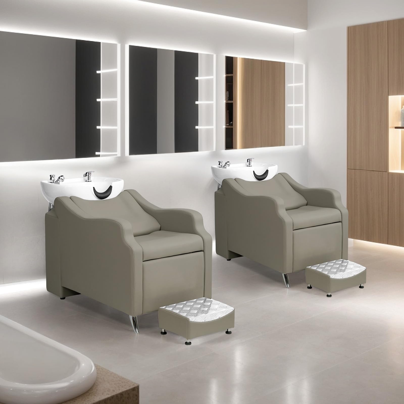 OmySalon BU1301 Salon Shampoo Bowl and Chair Backwash Unit with Extra Large Ceramic Bowl & Freestanding Ottoman
