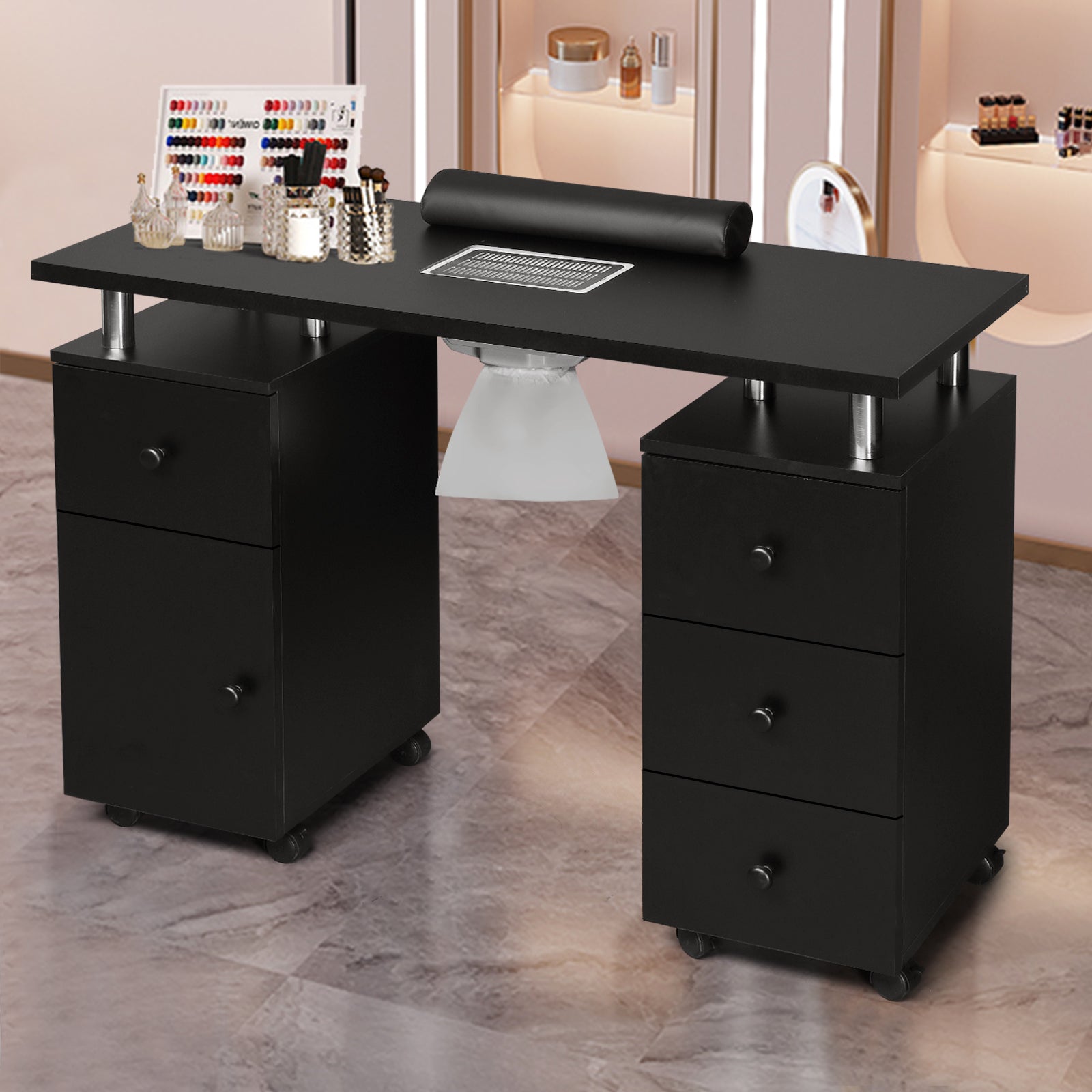 Omysalon Nail Manicure Table w/Electric Dust Collector & Wrist Rest & 2 Open Spaces 1 Side Cabinet 4 Drawers