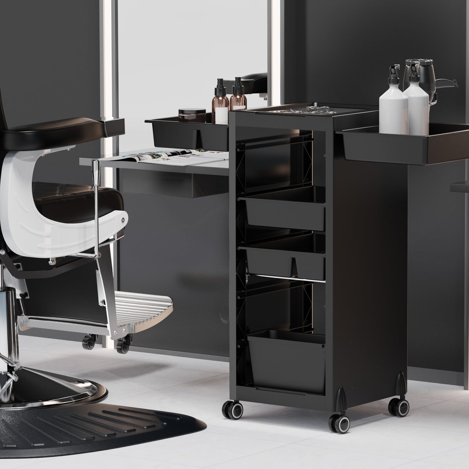 OmySalon ST1801 Rolling Salon Trolley Cart w/Wheels & 6 Drawers Hair Dryer Holders