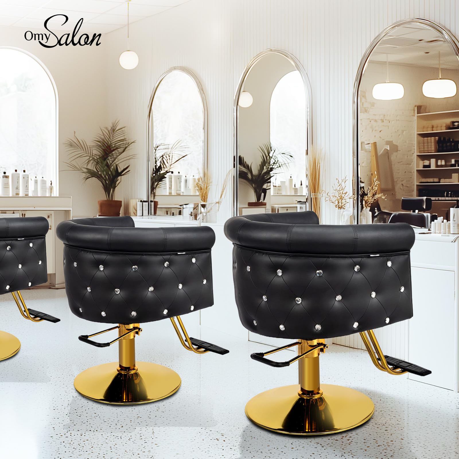 OmySalon SC3101 Modern Heavy Duty Hydraulic Swivel Hair Stylist Salon Chair w/Curved Backrest and Acrylic Button Accents
