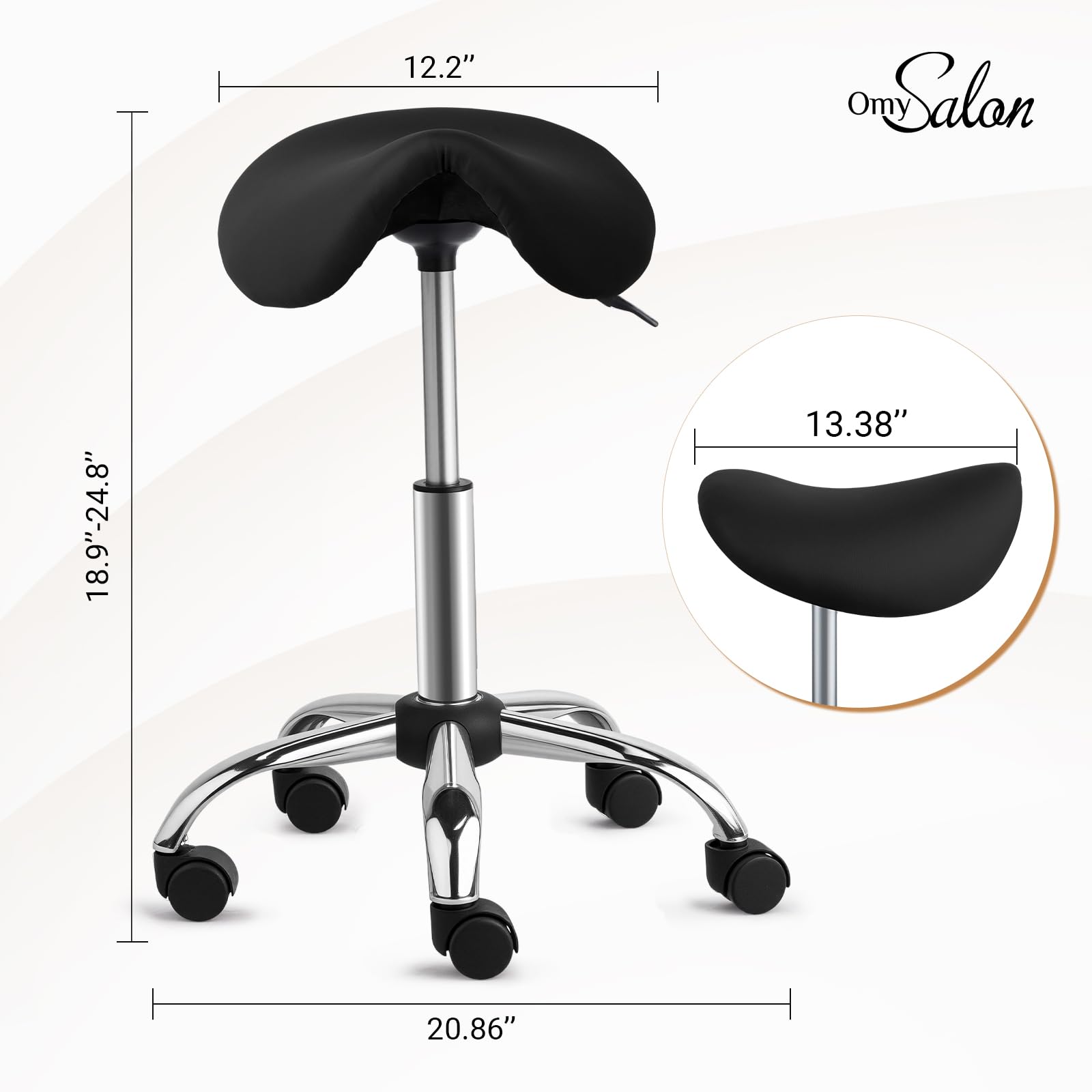 OmySalon Hydraulic Adjustable Rolling Saddle Stool with Swivel Wheels