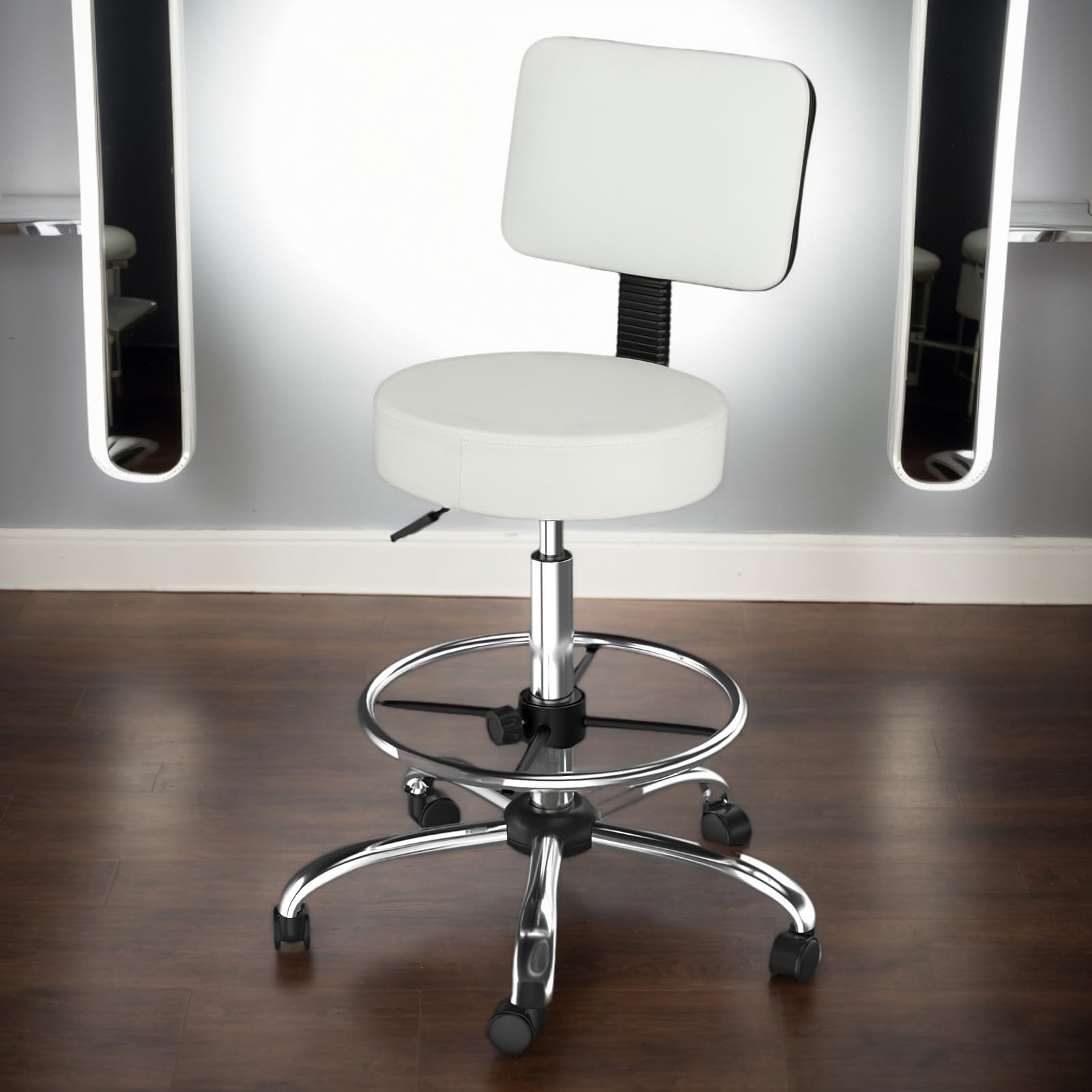OmySalon Adjustable Thick Seat Cushion Rolling Stool with Back Support & Footrest