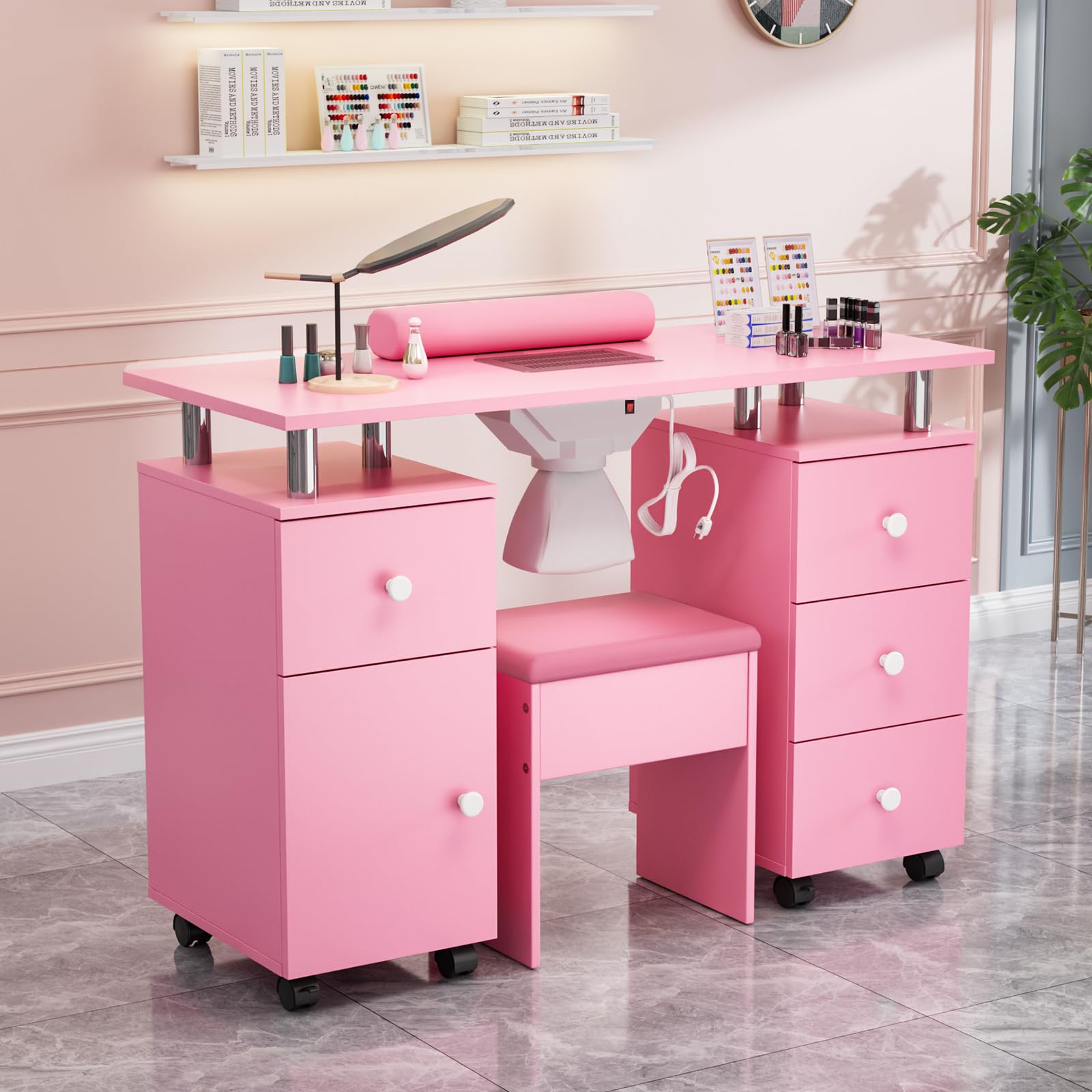 OmySalon MT-DCCH Nail Manicure Table and Chair Set w/Electric Dust Collector & Wrist Rest