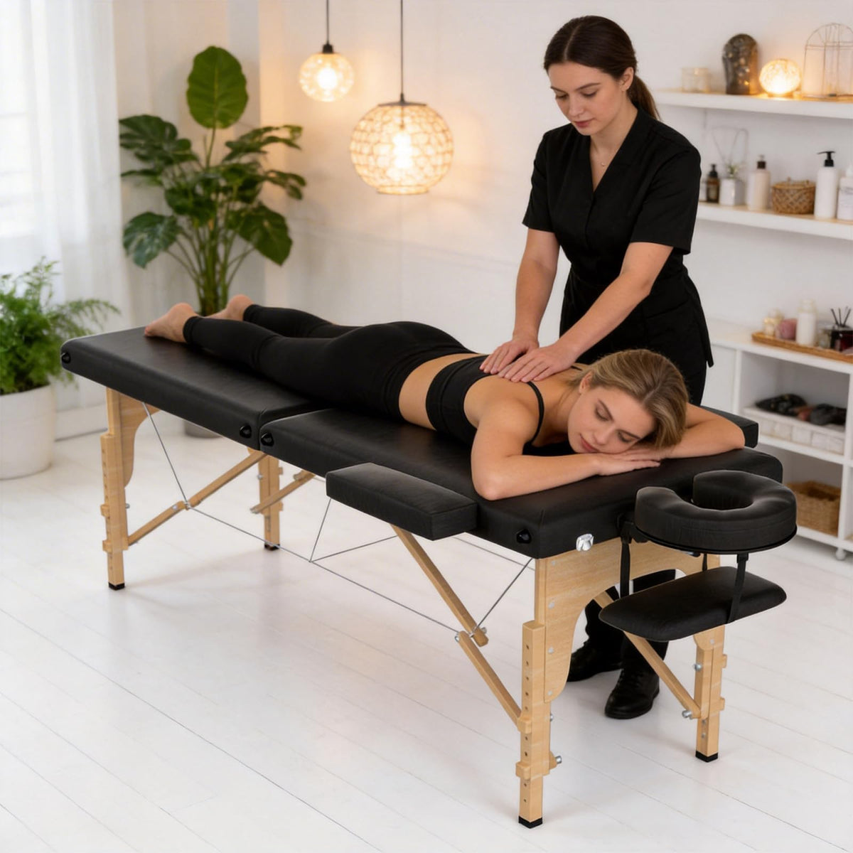OmySalon 2FBW 84in 2-Fold Portable Physical Therapy Massage Table with Carrying Bag, Face Cradle & Wooden Frame