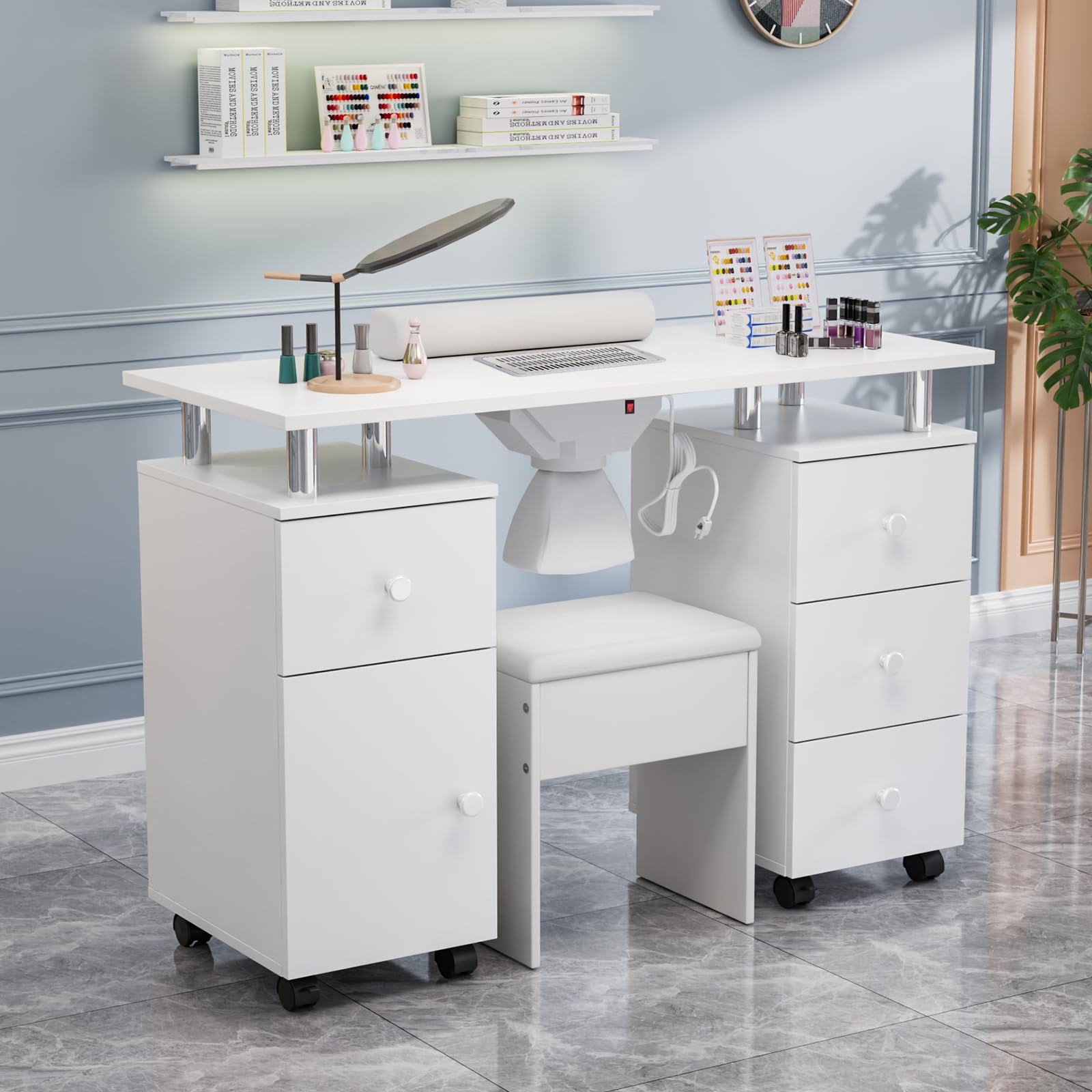 OmySalon MT-DCCH Nail Manicure Table and Chair Set w/Electric Dust Collector & Wrist Rest