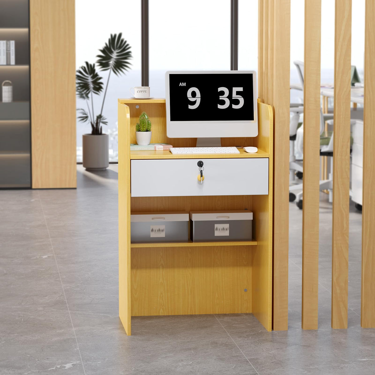 OmySalon RD Modern Wooden Reception Desk with Lockable Drawer and Legroom Rack